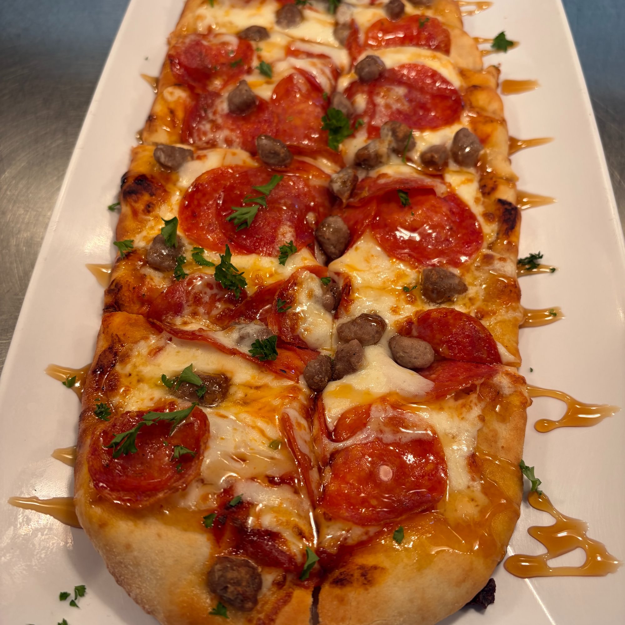 Hot Honey Pepperoni and Sausage Flatbread Pizza