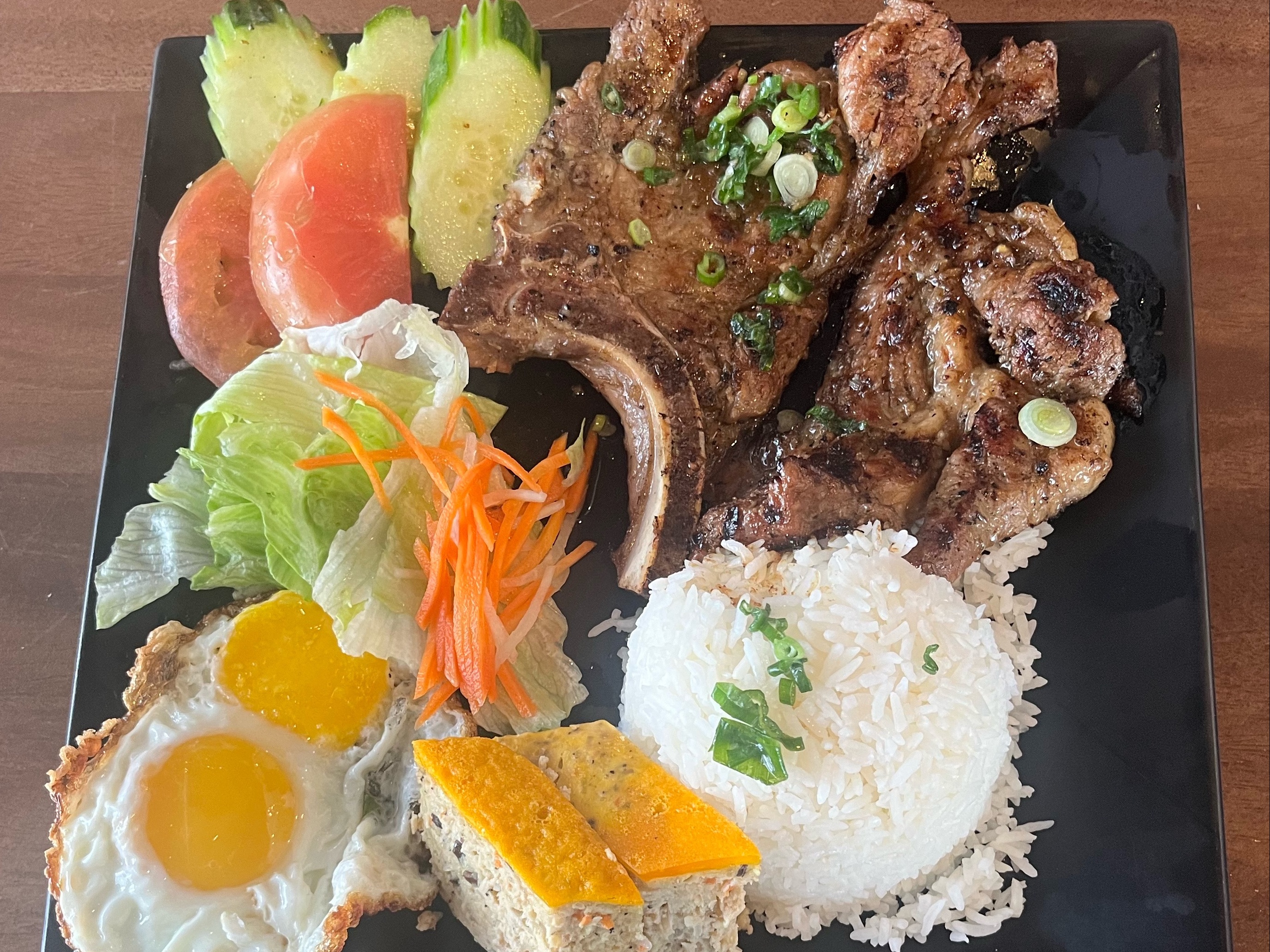 A7. Special Rice Plate - Pork Chop, Egg, and Viet Meatloaf