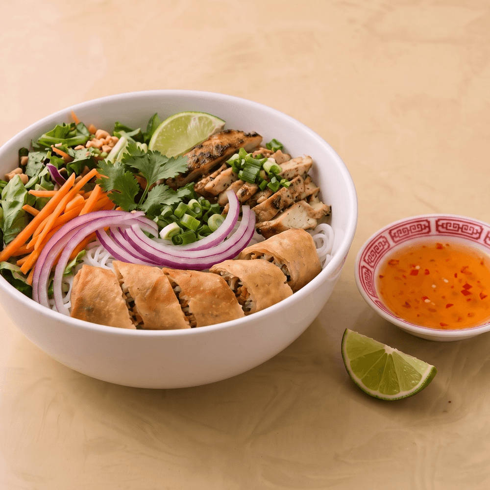 Grilled Lemongrass Chicken and Egg Roll Vermicelli Bowl