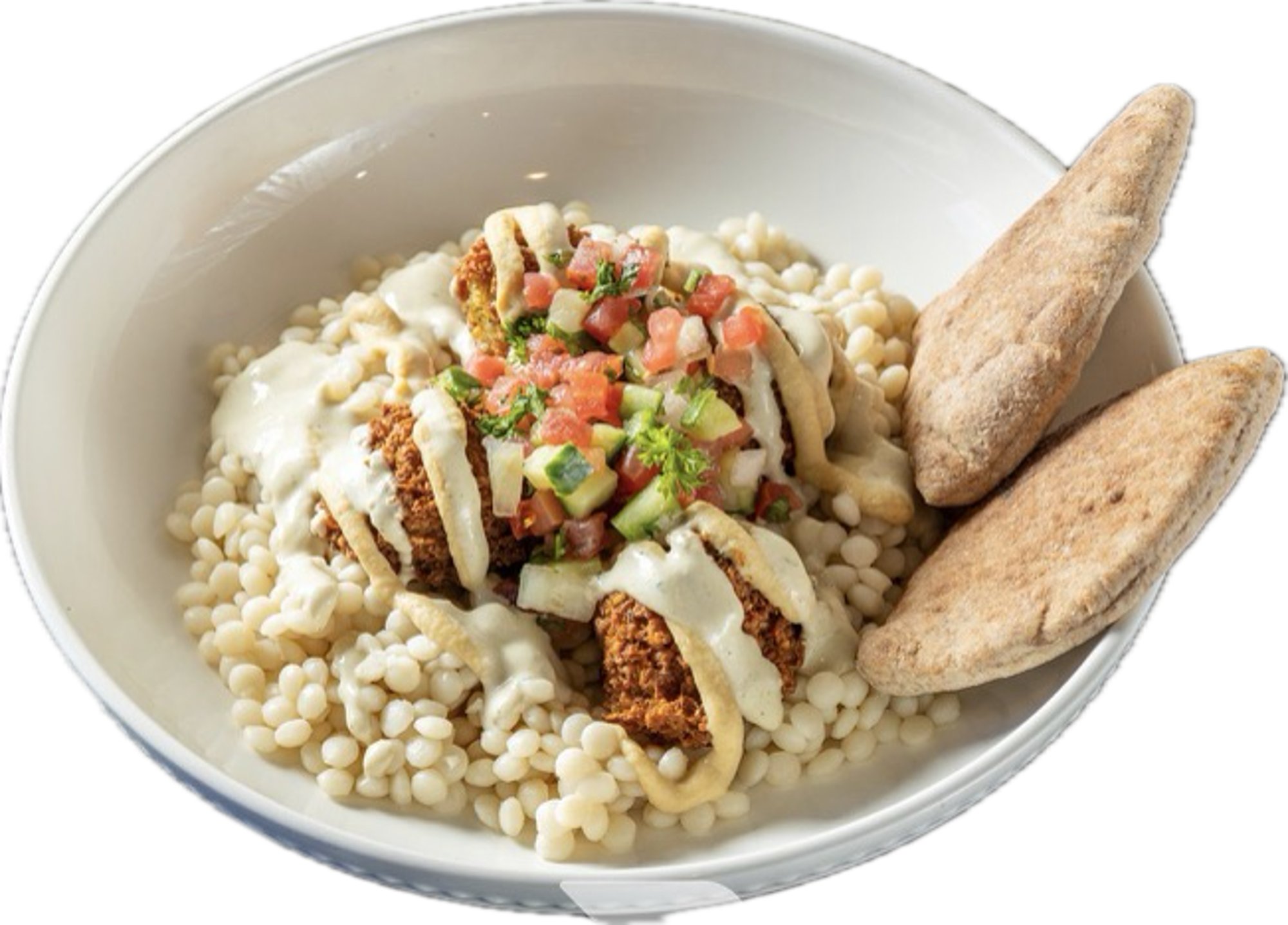 Traditional Chickpea Falafel Entree, tahini, hummus, Israeli salad, garbanzos, 1/2 pita (VG)