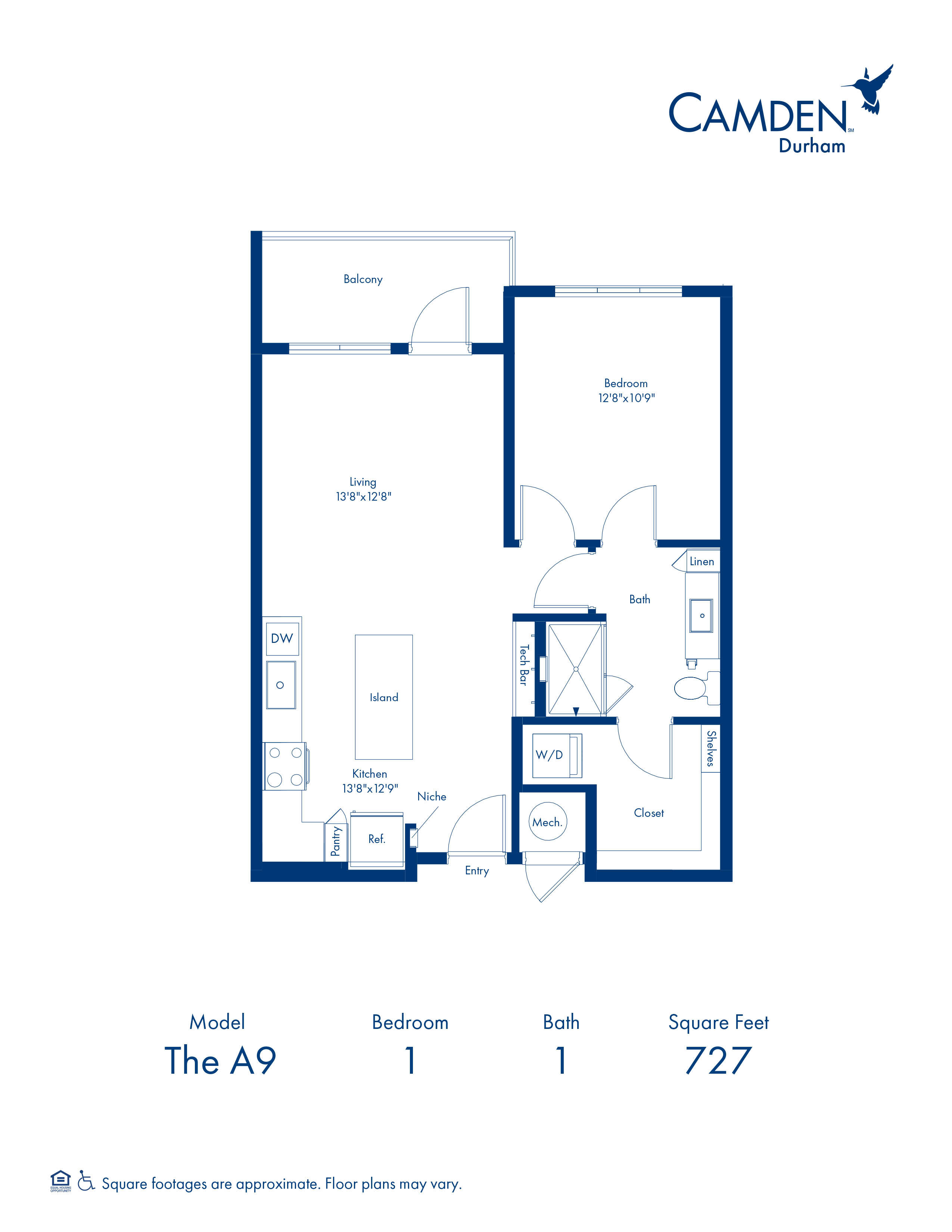 A9 Floor Plan with 1 Bedroom and 1 Bathroom at Camden Durham in Durham, NC