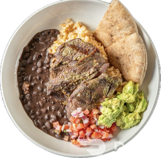 Grilled Steak Bowl, Black Beans, Avocado Hummus, Pico de Gallo, 1/2 Pita