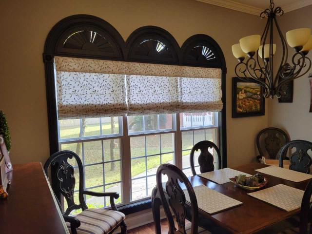 These Roman Shades in beautiful embroidered fabric (Signature Series Seamless Style) is just what these windows needed!)