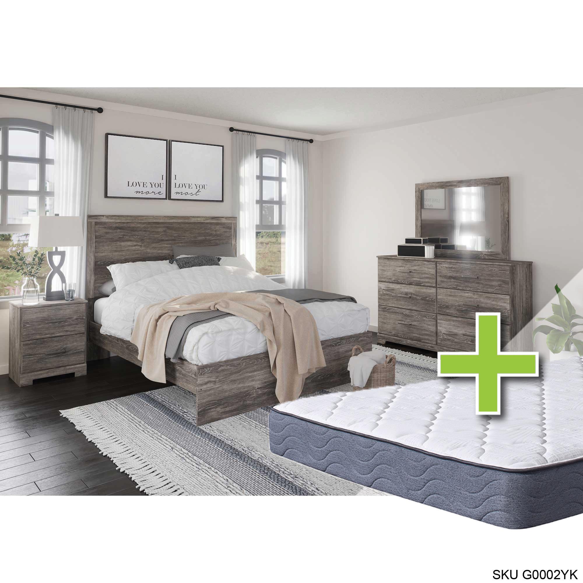 Queen Ralinski Bed w/9.5" Tight Top Extra Firm Memory Foam Mattress & Dresser, Mirror, Nightstand