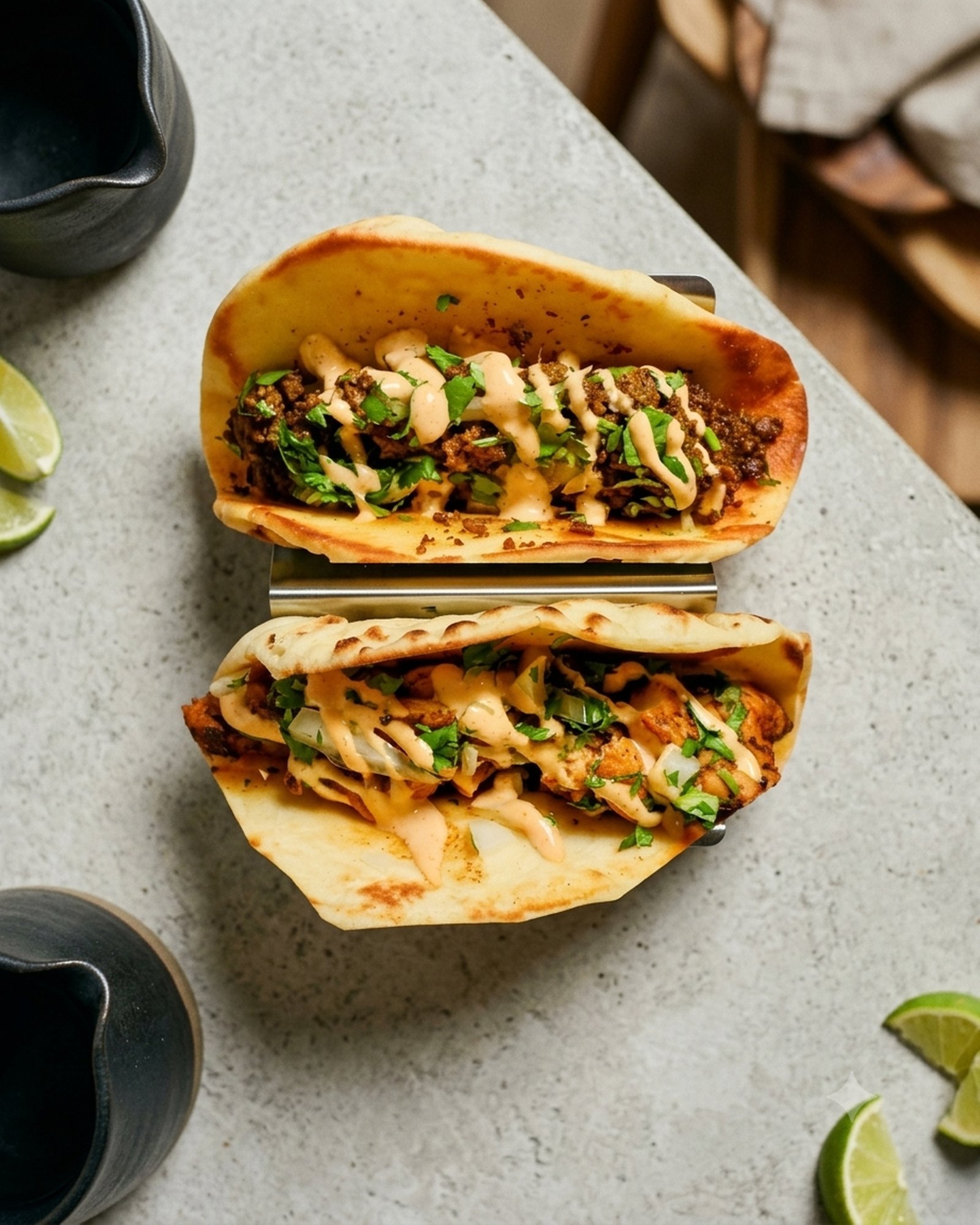 Chipotle Keema Taco & Lemon Chili Chicken Taco