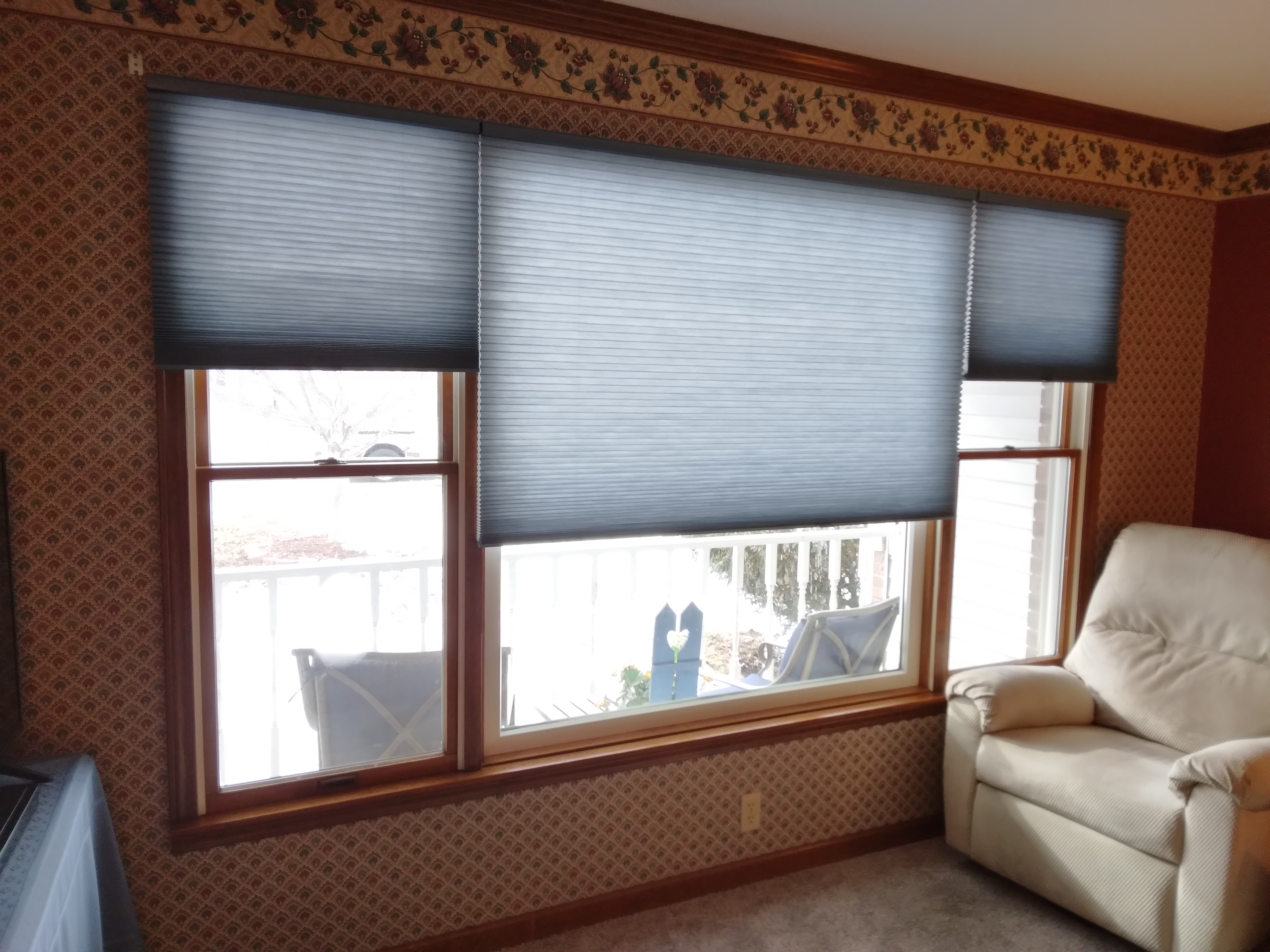 This client in Springfield Illinois chose to match her cellular shades to her living room wallpaper.  BudgetBlinds  Window Coverings  CellularShades  SpringfieldIllinois