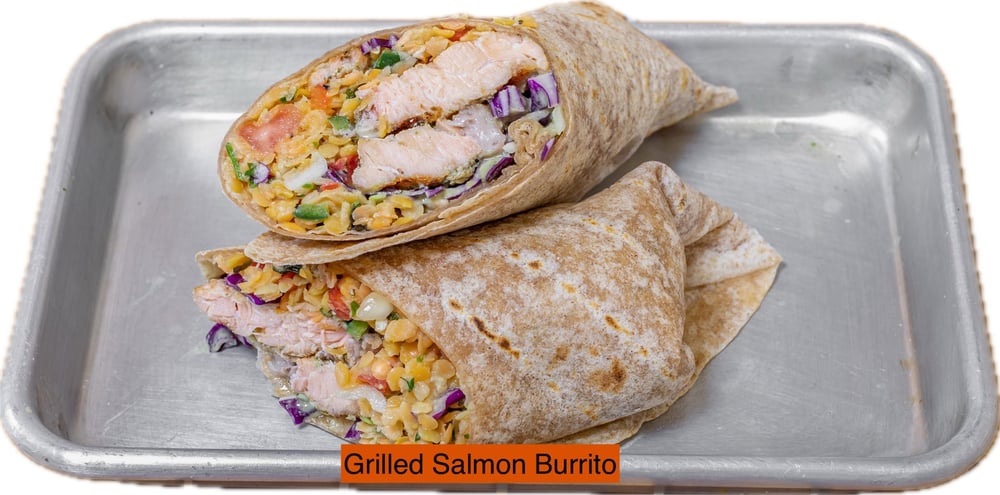 Salmon Asado Burrito Mexican Brown Rice, Black Beans, Avocado Hummus, Pico de Gallo