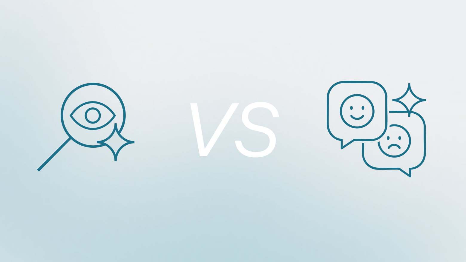 Illustration comparing AI-powered visibility (eye in magnifier) and AI-driven sentiment analysis (happy and sad face speech bubbles) with ‘VS’ in the middle