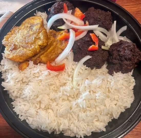 Haitian Boulet (Meatballs) [served with plantain and 1 choice of white rice, rice and beans, djon...