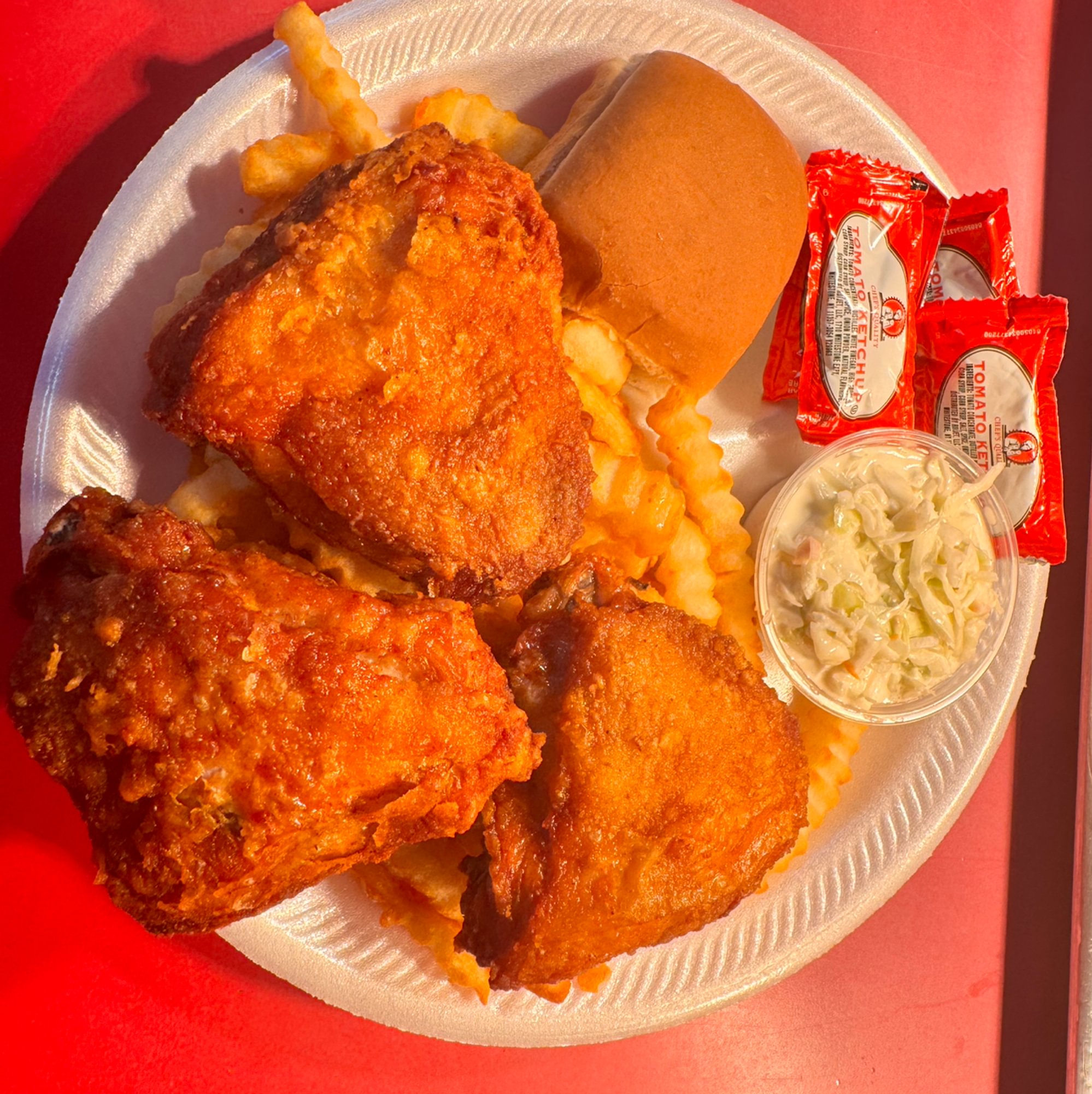 3 Pc Thigh Dinner Includes Fries, Slaw & Roll