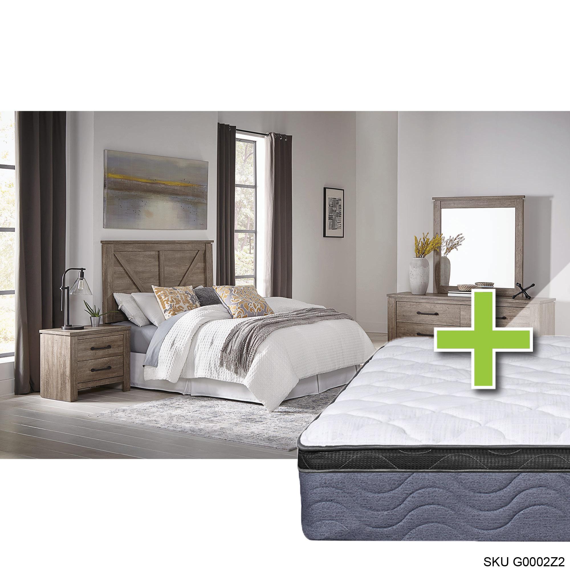 Queen Adorna Bed w/9.5" Tight Top Extra Firm Memory Foam Mattress & Dresser, Mirror, Nightstand