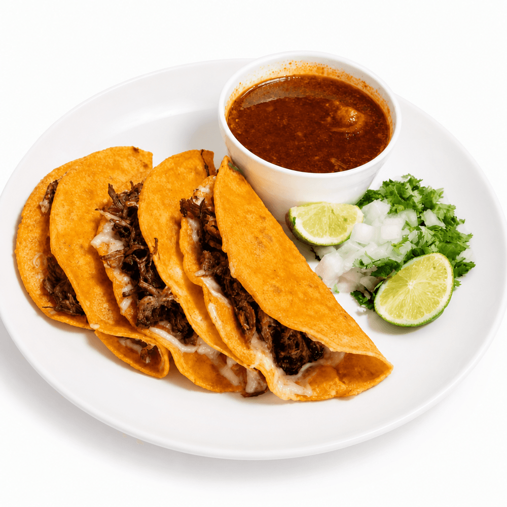 3 Birria Quesa Tacos with Consommé