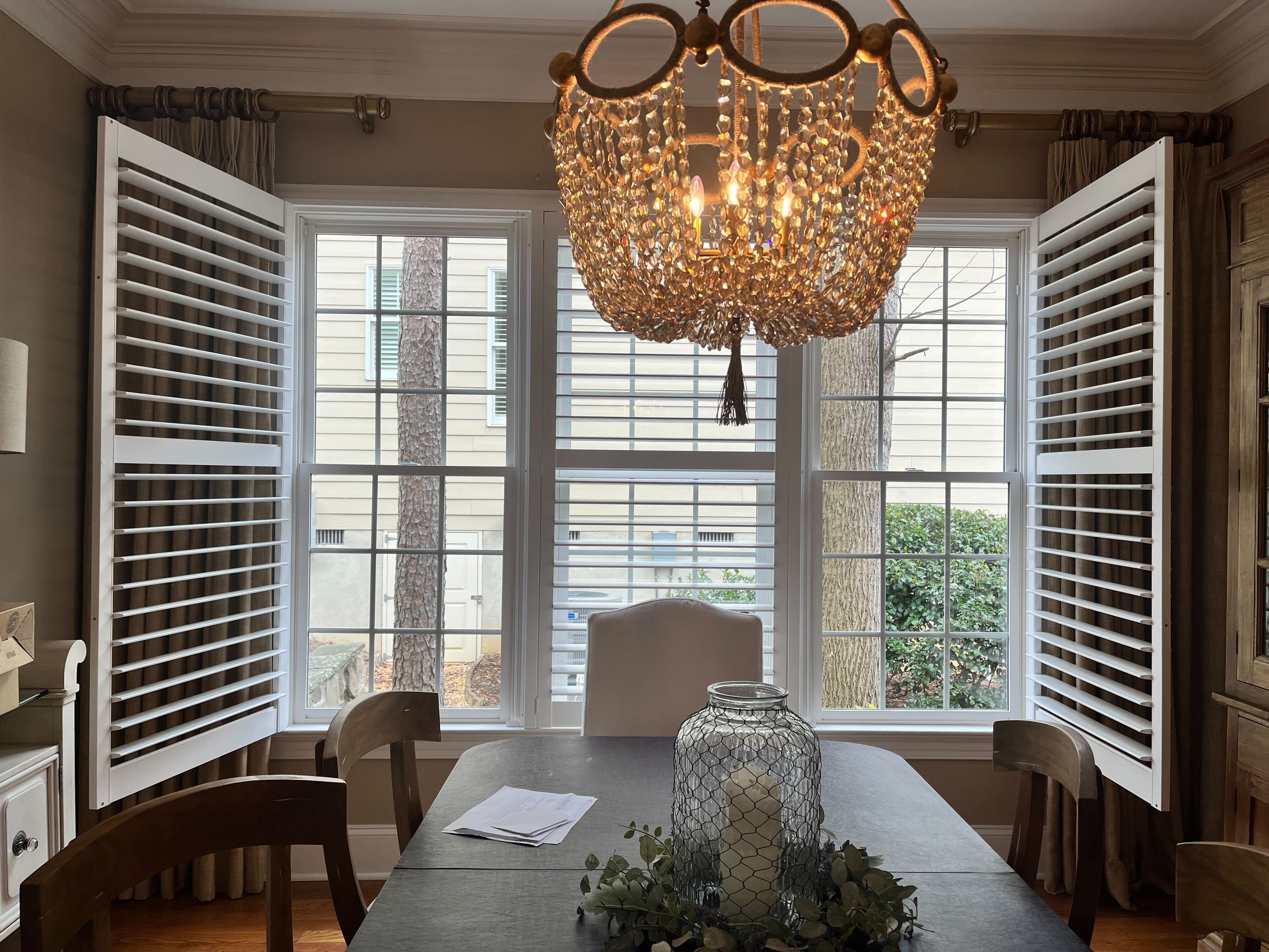 Check out these gorgeous wood shutters in this local Pittsboro home. Shutters are a perfect way to elevate any space, plus they offer heat insulation during the winter months and plenty of privacy!