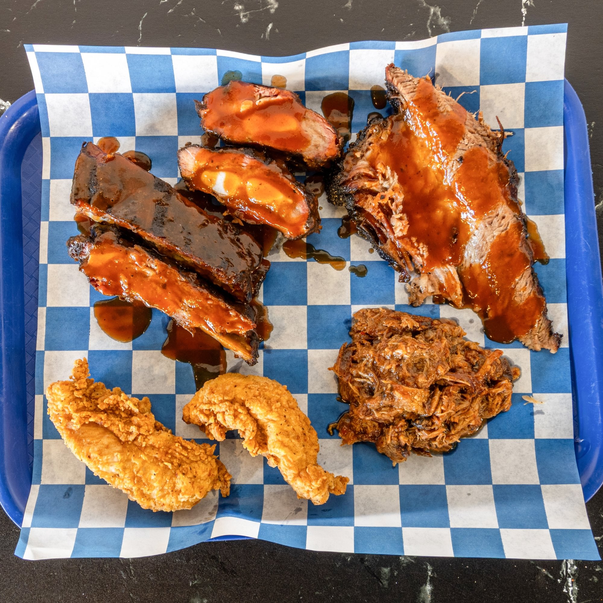 Sampler - 2 ribs/sliced brisket/pulled pork/2 rib tips/2 fried tenders