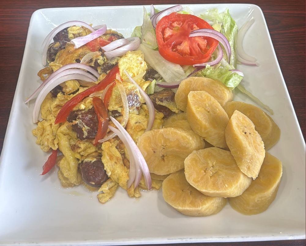Boiled Plantain Fried Eggs Sausage Or Hot Dog