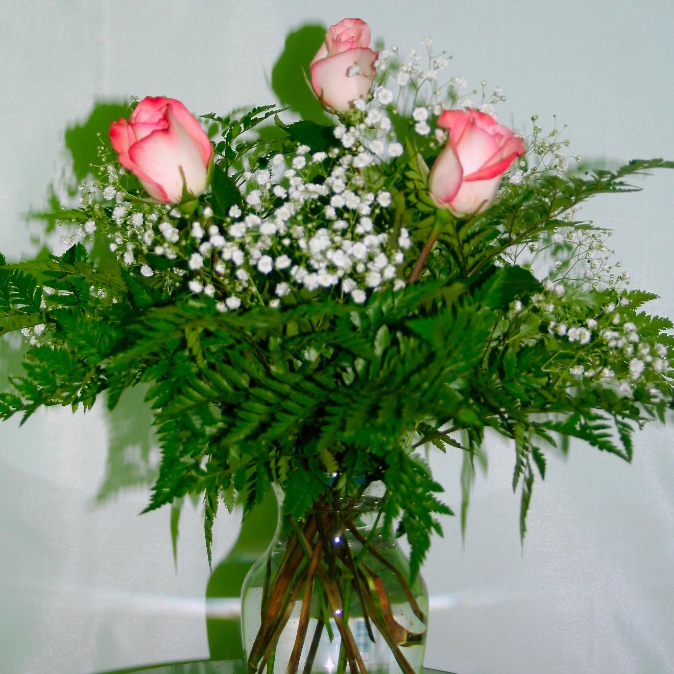 Three Roses with Greens and Babies Breath