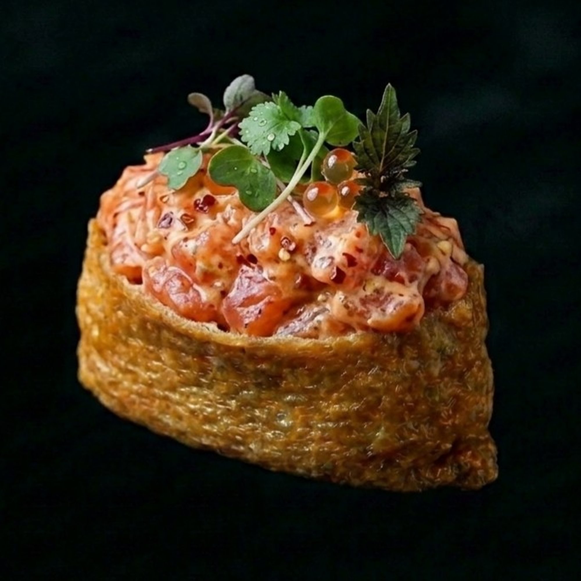 Spicy Salmon with Micro Greens Inari