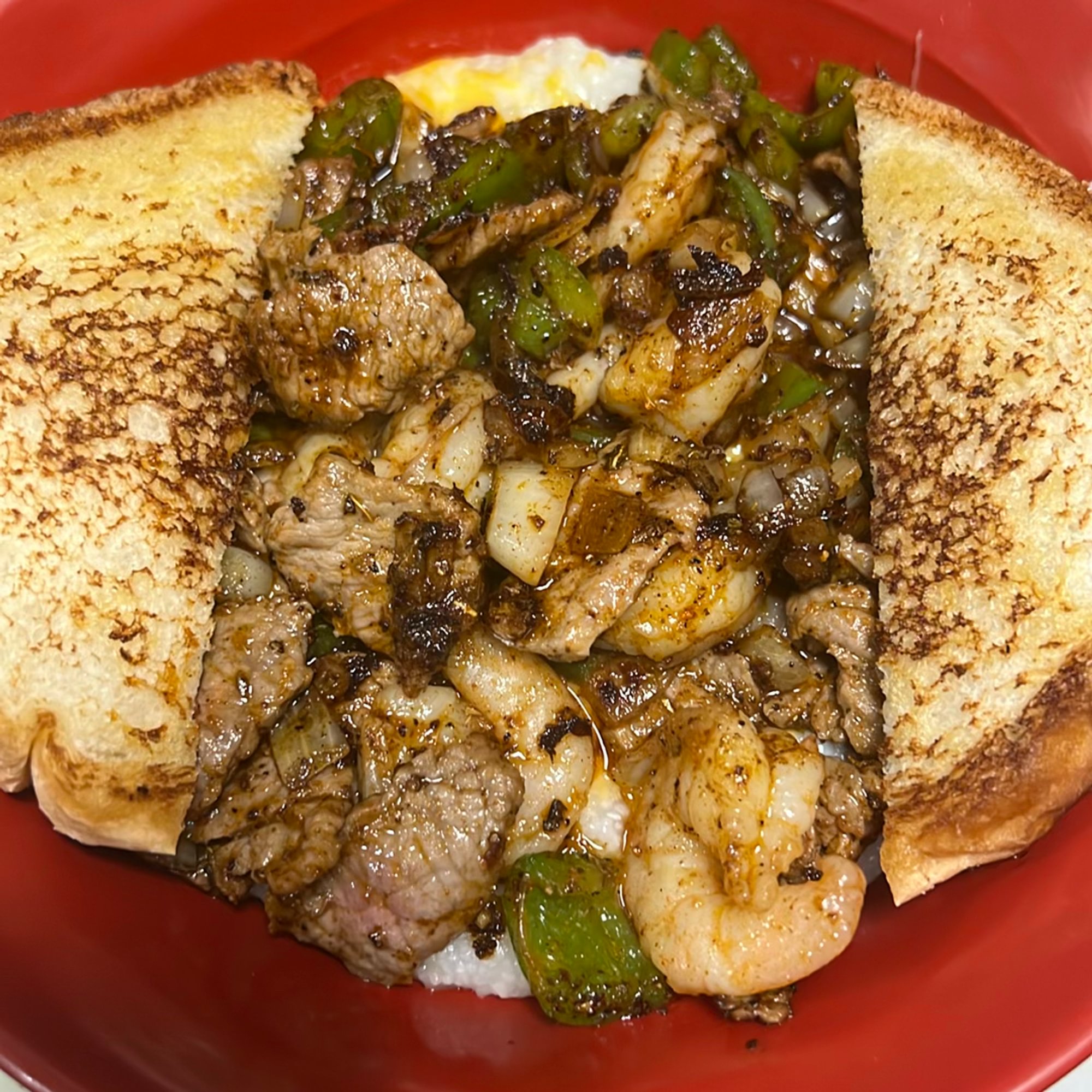Shrimp and Beef Fajita Grits
