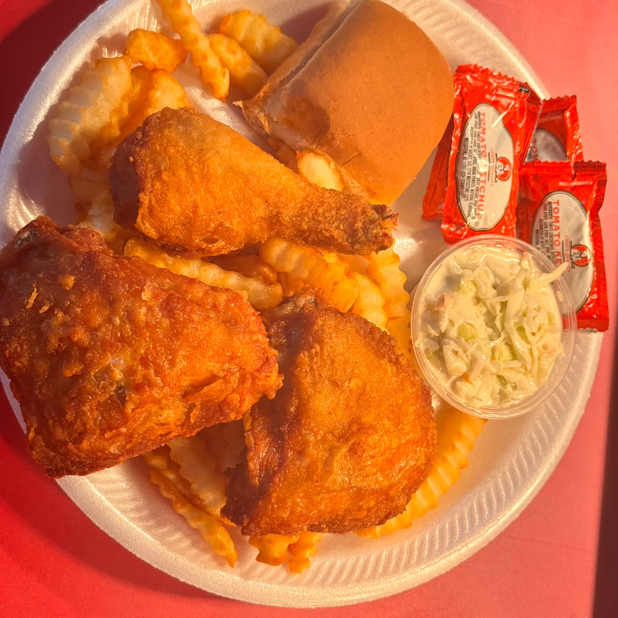 3 PC 2 Thigh 1 Leg Dinner Includes Fries, slaw & Roll
