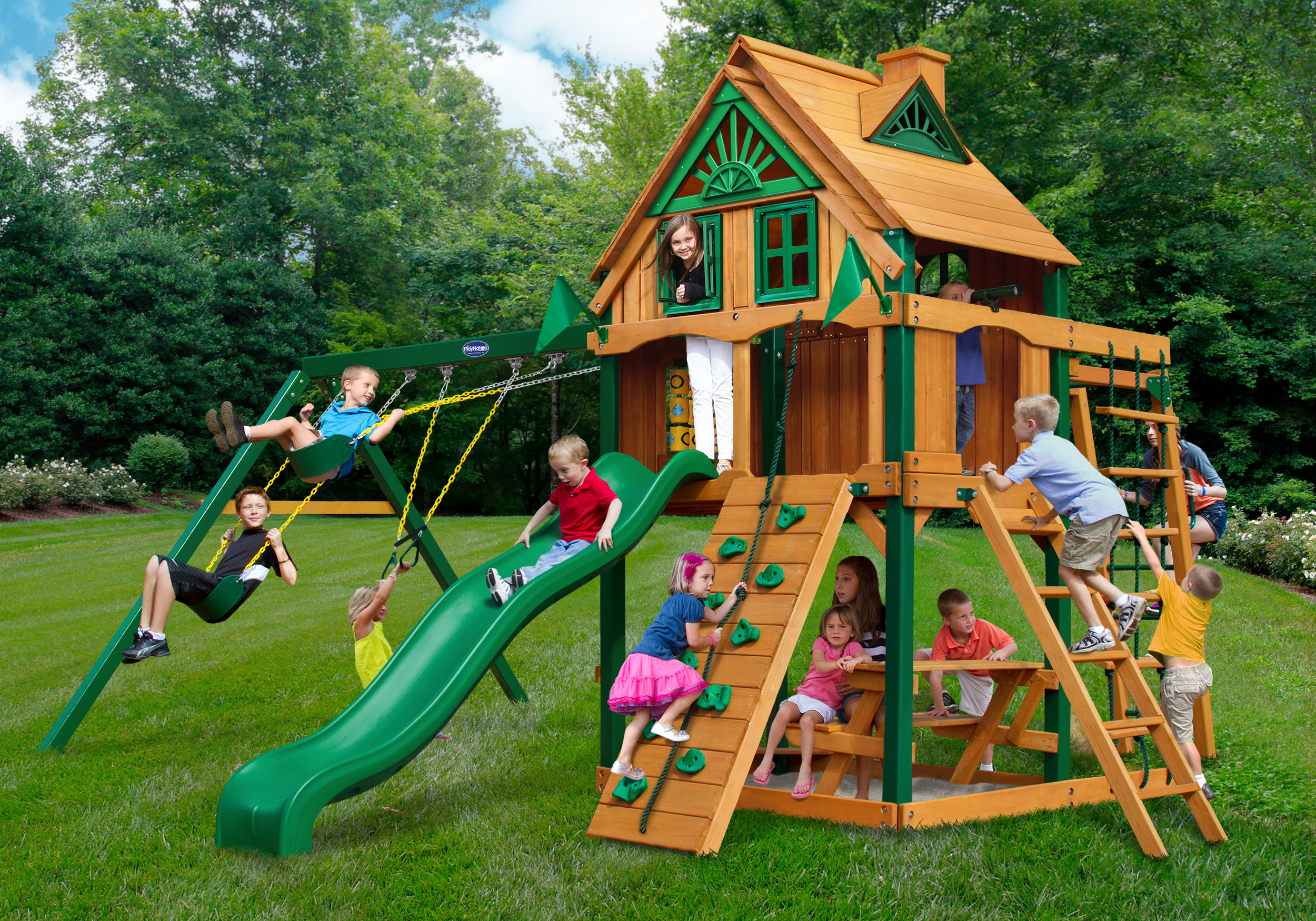 Horizon w/ Monkey Bars & Treehouse Wood Roof w/ Fort Add-On