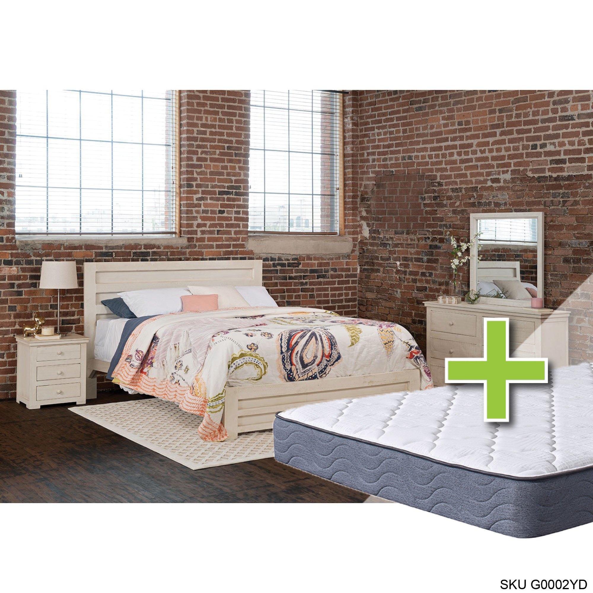 Queen Lorelei Bed w/9.5" Tight Top Extra Firm Memory Foam Mattress & Dresser, Mirror, Nightstand