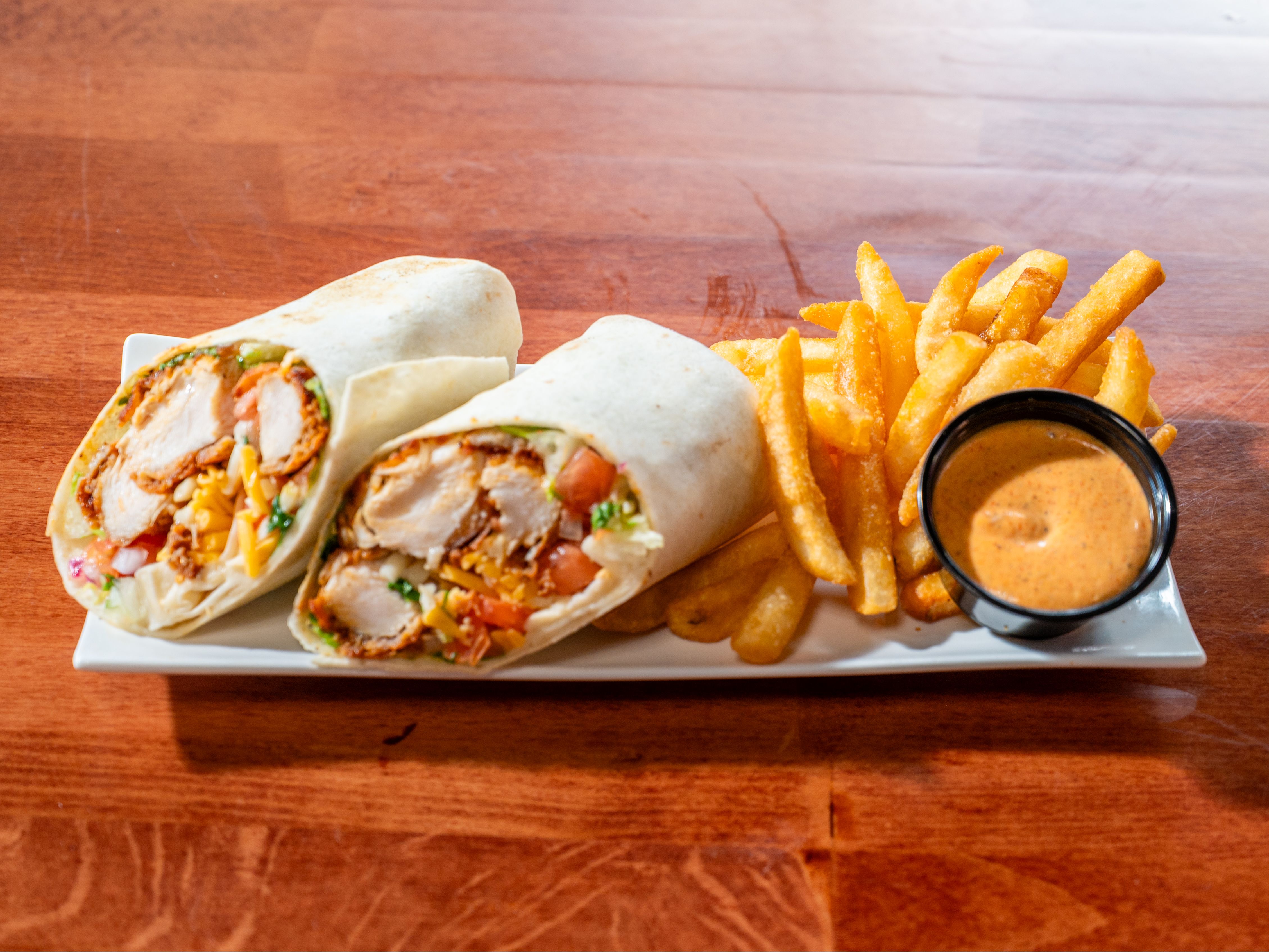 HOT Chicken Wrap (Single). Crispy Fries.