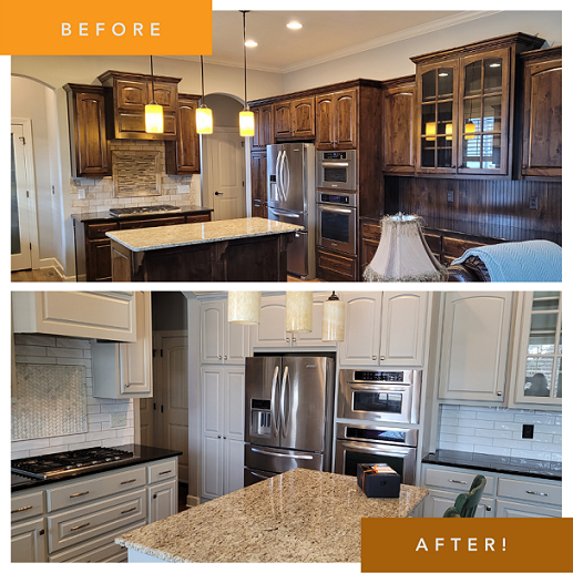 Whiter cabinets for brighter kitchens! This kitchen in Kansas City got an uplift with a little Paint and Splash that made all the difference. Have a look at the transformation - wow!  KitchenTuneUpKansasCityLeawood  KansasCityMO  PaintSplashCabinets  FreeConsultation