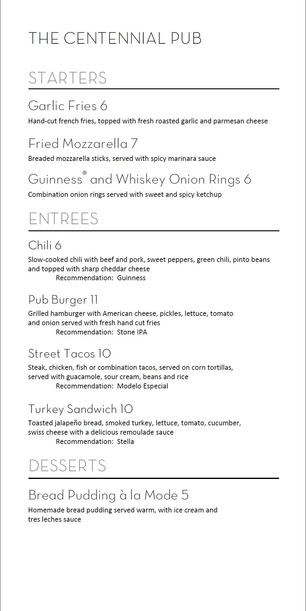 Pub Menu