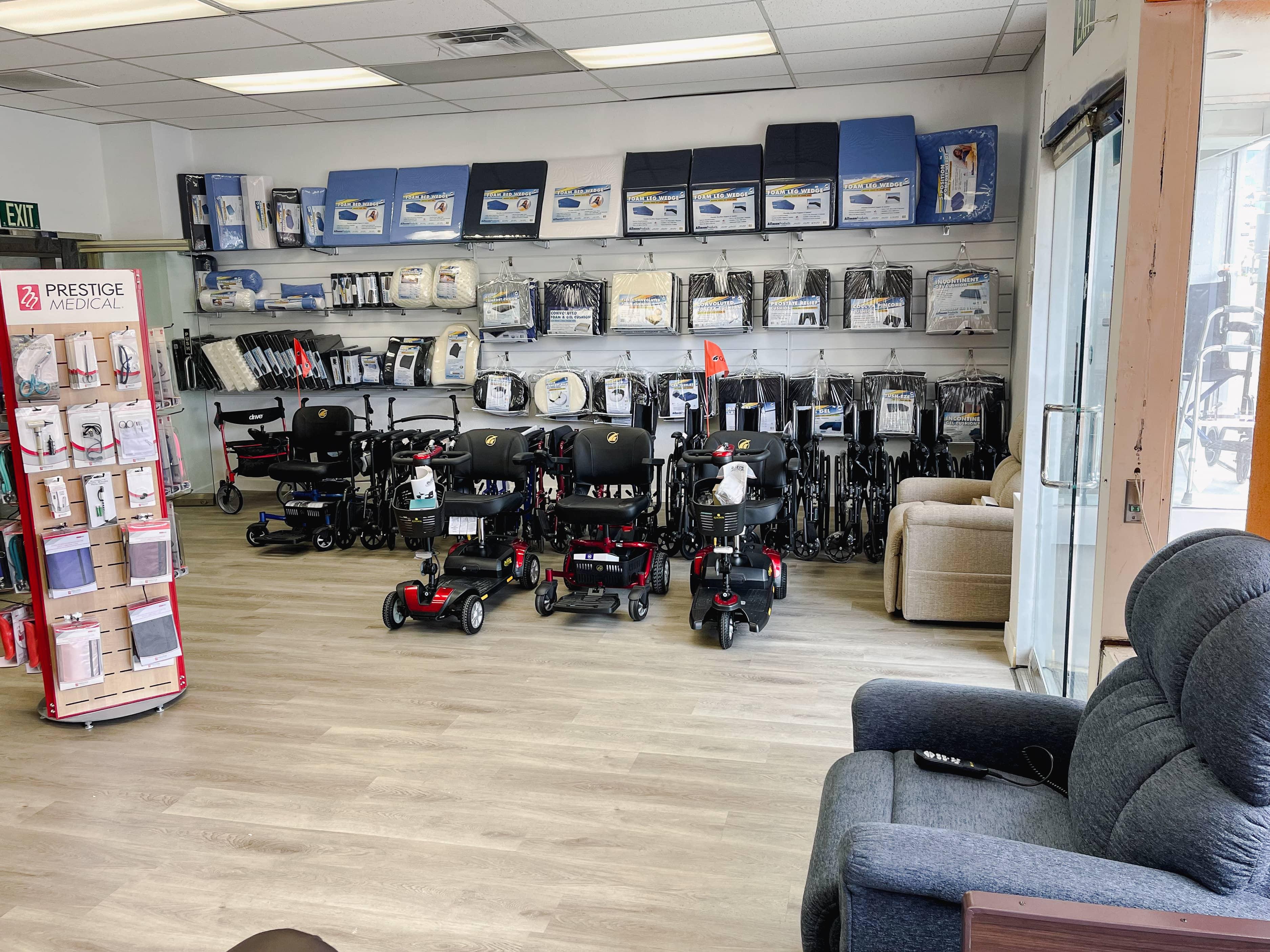 View of electric scooters, massage chair, and prestige medical products.