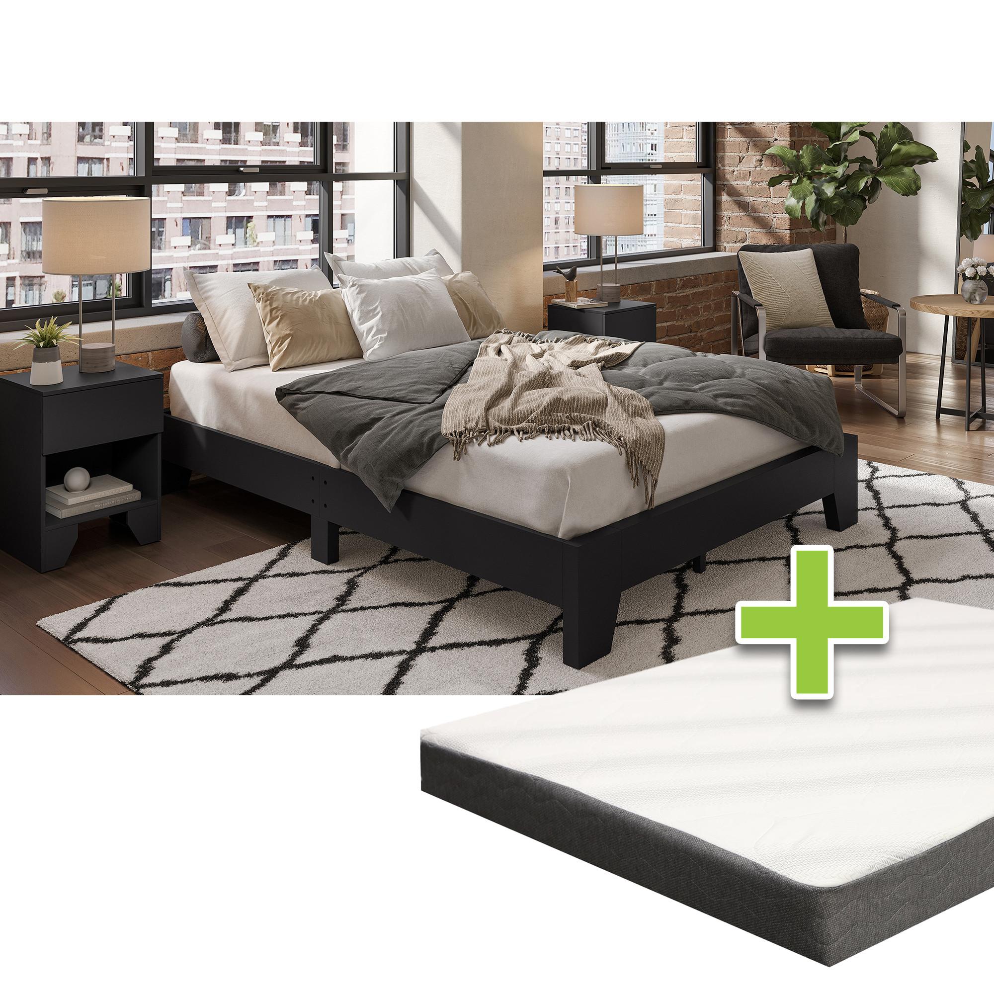 Queen Mereno Platform Bed w/8" Queen Tight Top Firm Mattress & Nightstand