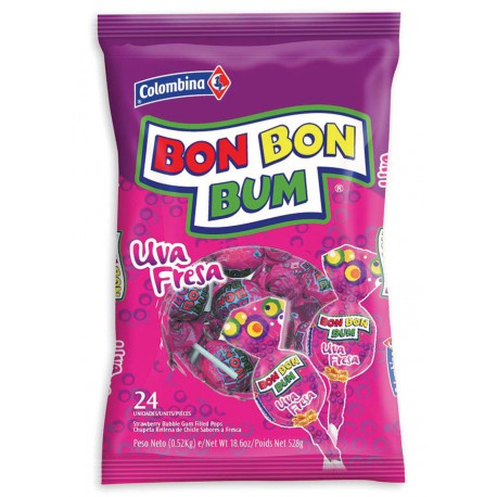 Sucette Bon Bon Bum Raisin Fraise - sachet 24 pc 480g