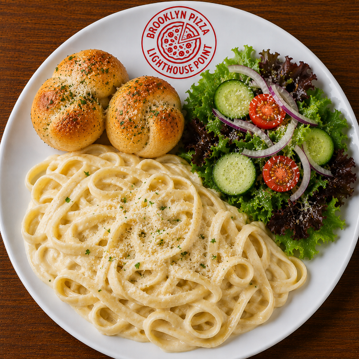 Lunch Fettuccine Alfredo (2 Garlic Knots + Side Salad)