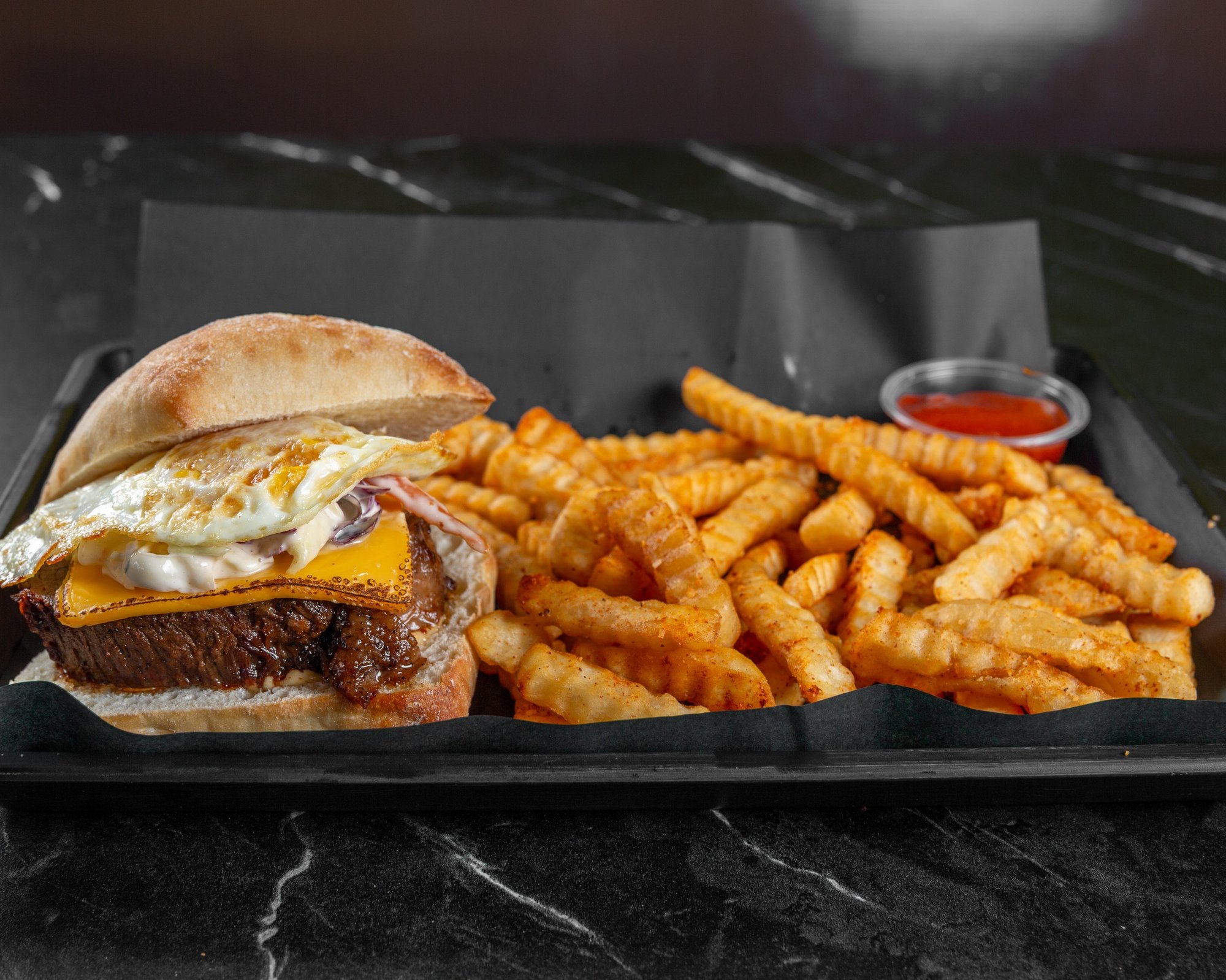 Burger Eggsplosion with Fries