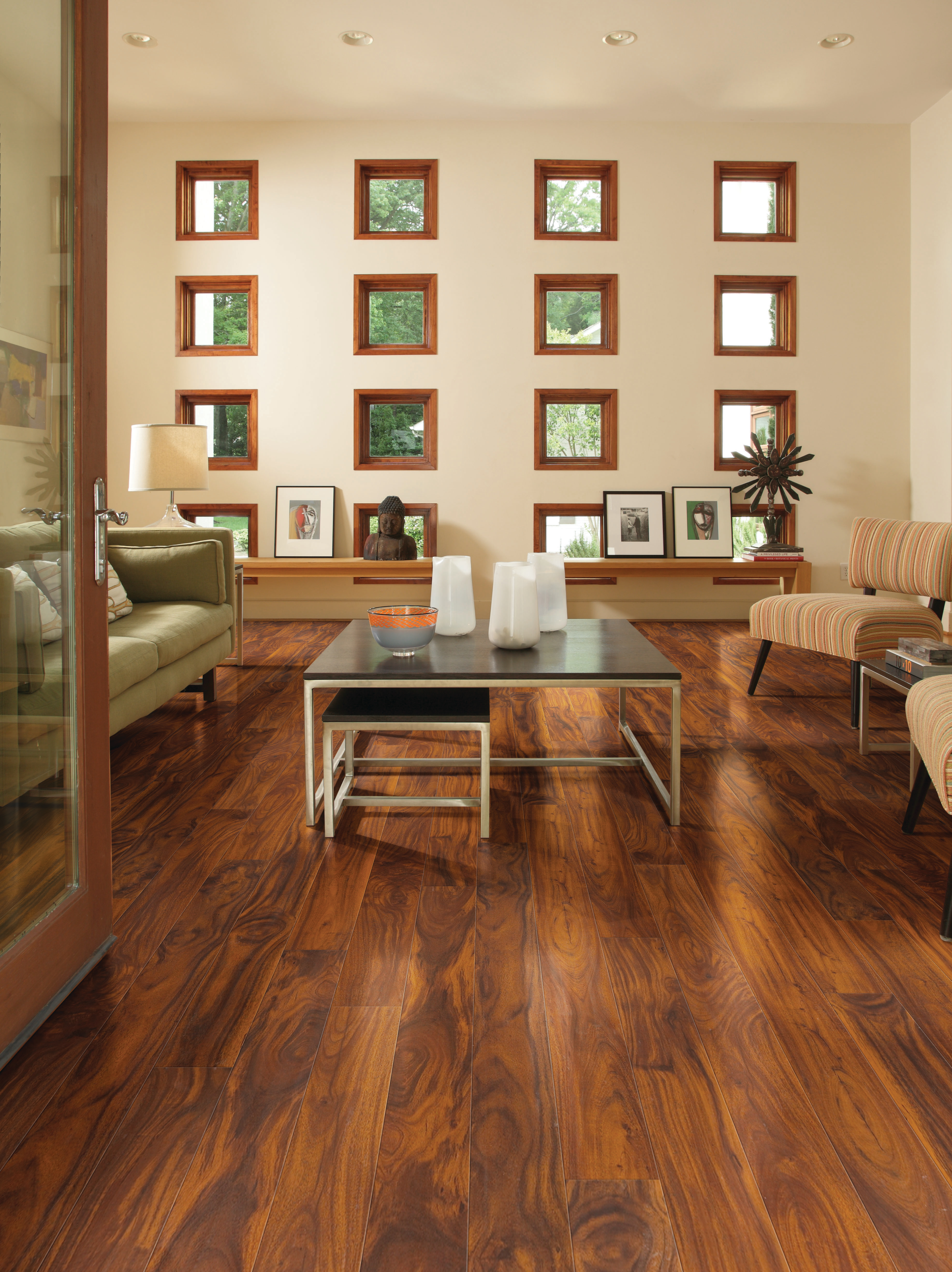 Laminate floor looks like Acacia wood. Budget friendly!