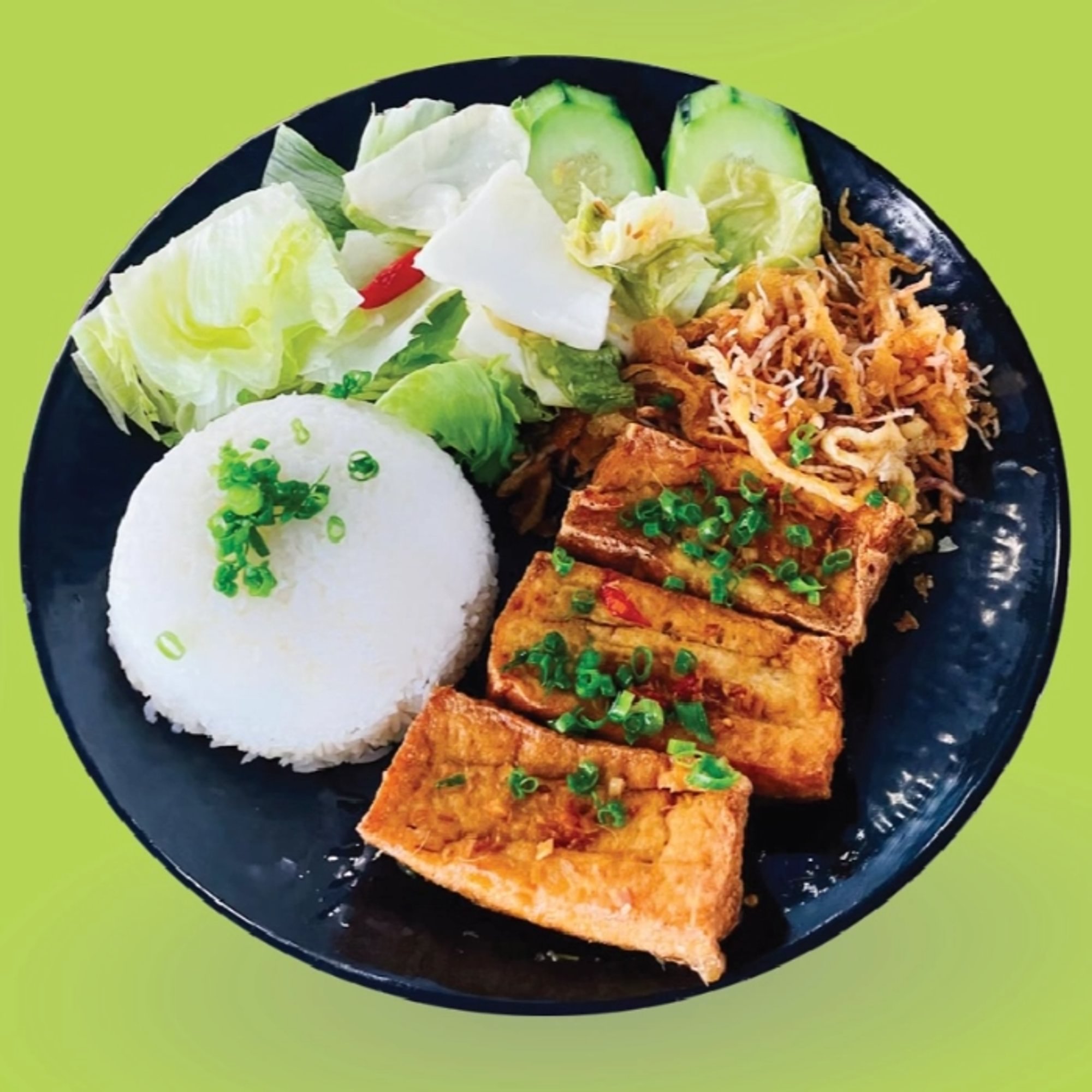 C11 MARINATED FRIED LEMONGRASS TOFU, SHREDDED FRIED TARO & VEGGIE EGGROLL / Cơm Đậu Hủ Xả, Bì Cha...