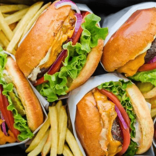 4 CHEESEBURGERS + 2 LARGE FRIES + 4 DRINKS