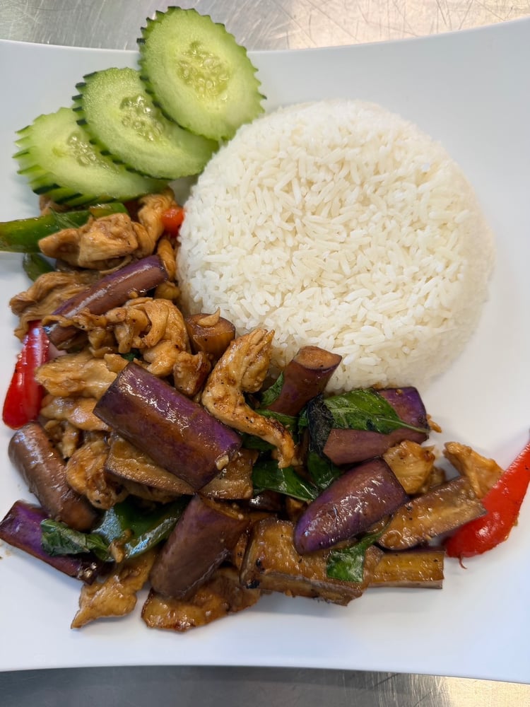 Eggplant Stir Fry Served with Jasmine Rice