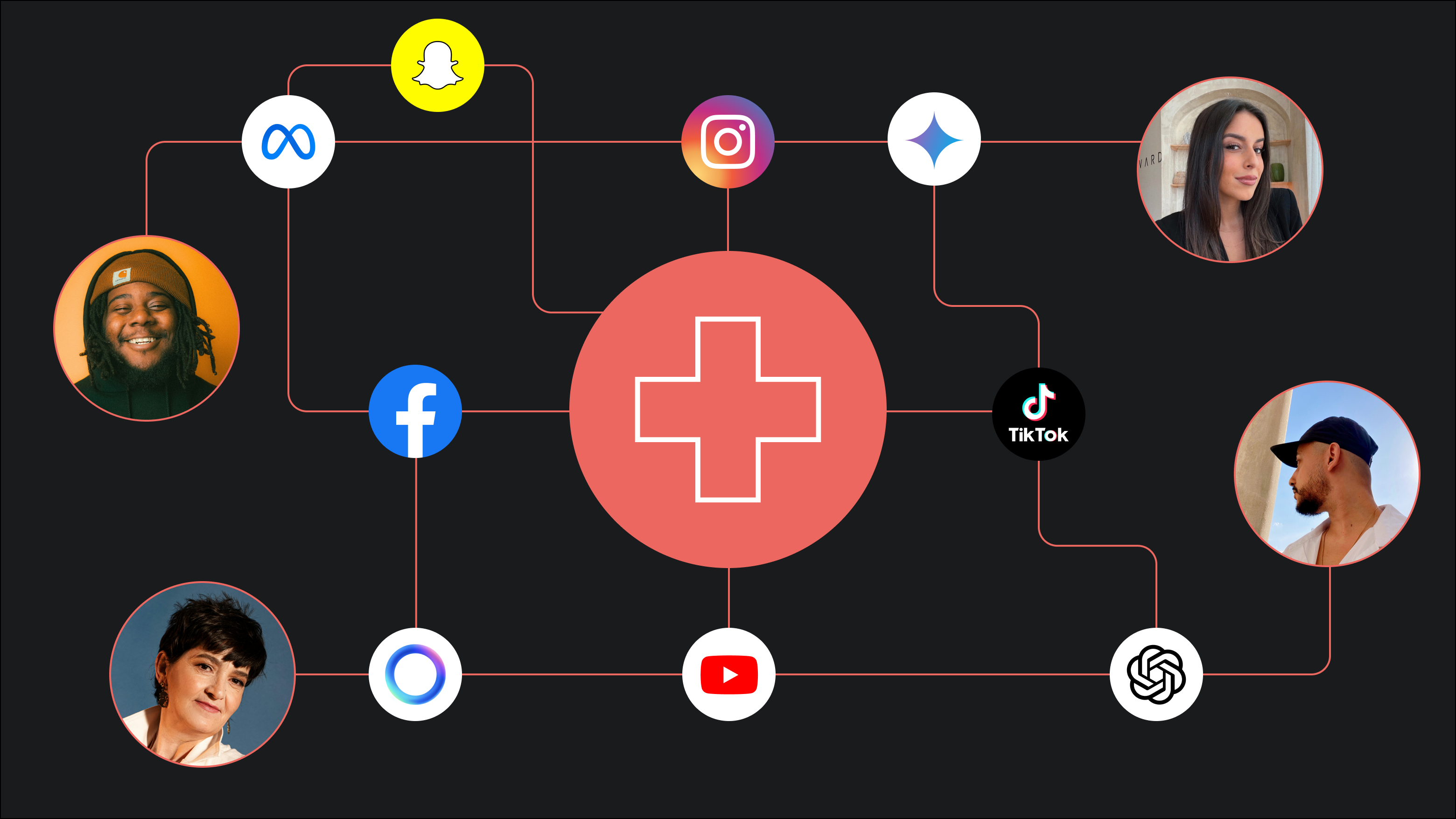 A stylized infographic shows a red medical cross at the center, symbolizing healthcare, with red lines connecting it to various social media platforms and AI tools, including Facebook, Instagram, TikTok, YouTube, Snapchat, Meta, and OpenAI. These platforms are also connected to diverse patient profile photos, visually representing how patients use social media and AI tools to search for healthcare information and providers.