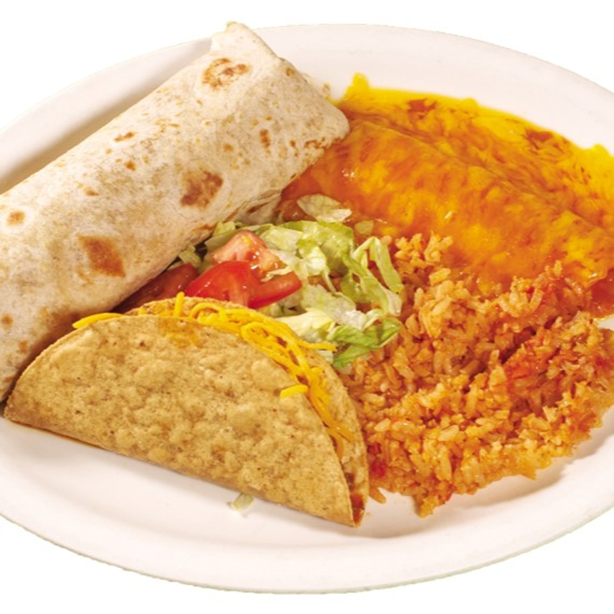 40. 1 Beef Burrito, 1 Crispy Beef Taco, 1 Enchilada and Spanish Rice