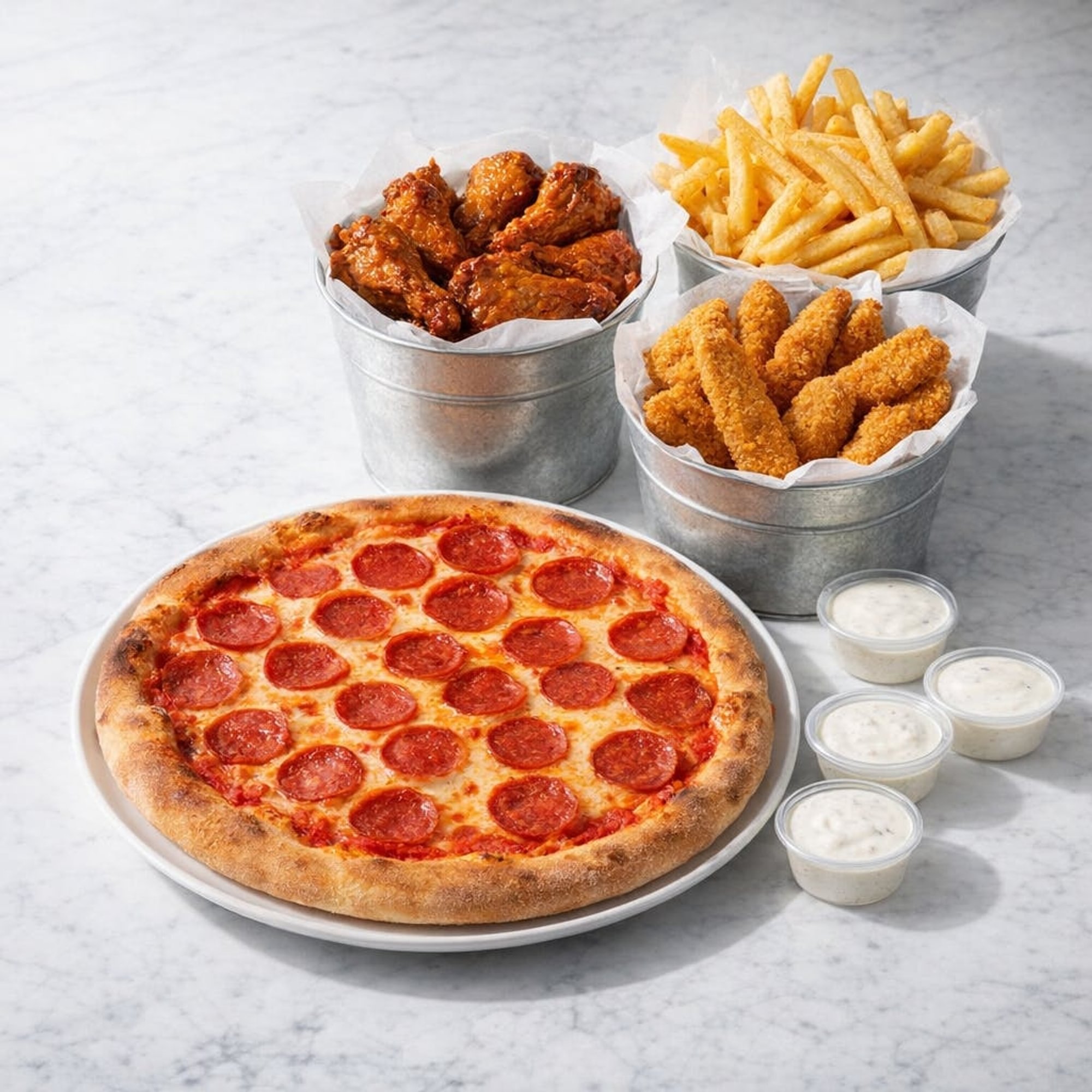 Couch Potato Special (16" Pepperoni, 1/2 Bucket Wings, 1/2 Bucket Fingers, Fries and 4 Ranches)