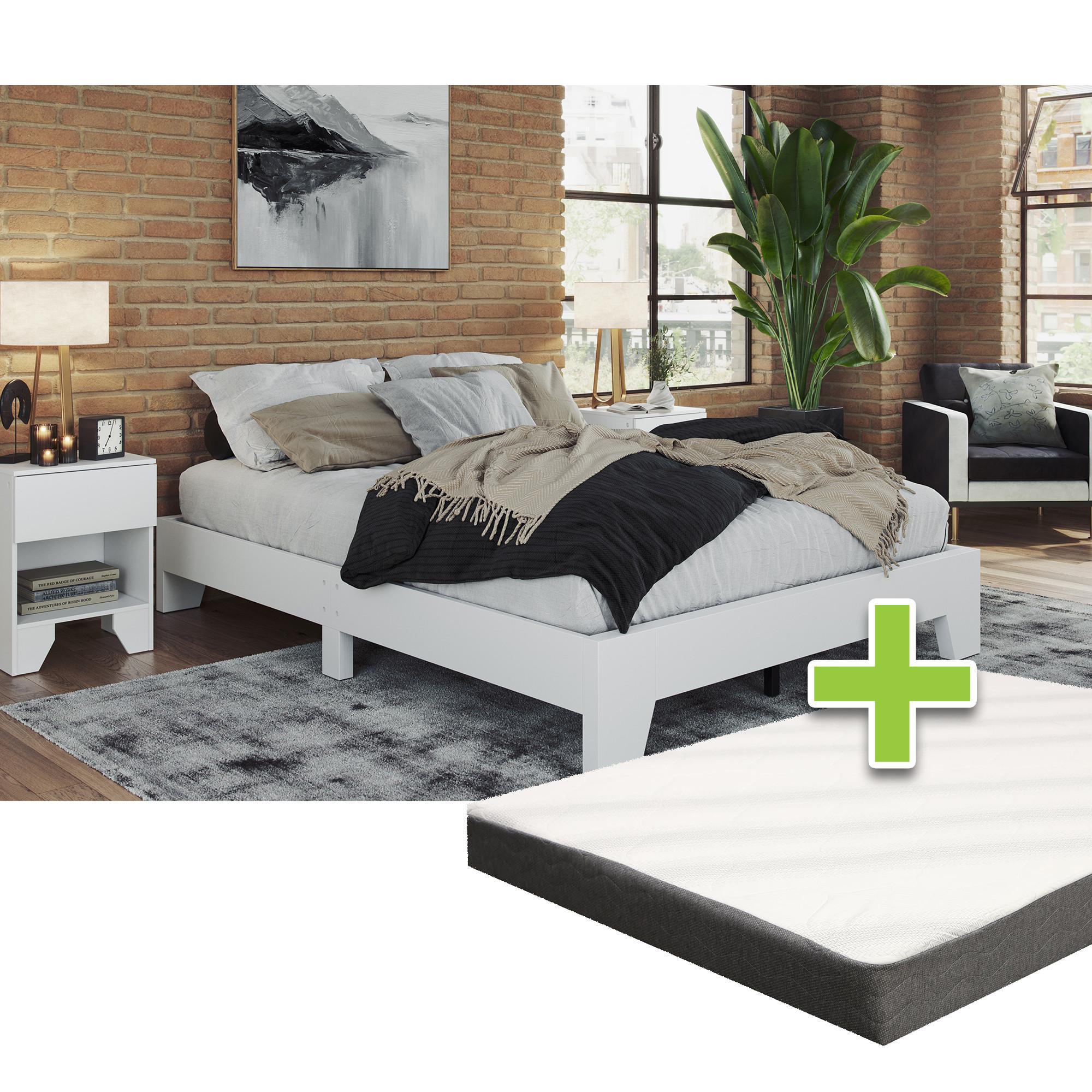 Queen Mereno Platform Bed w/8" Queen Tight Top Firm Foam Mattress & Nightstand