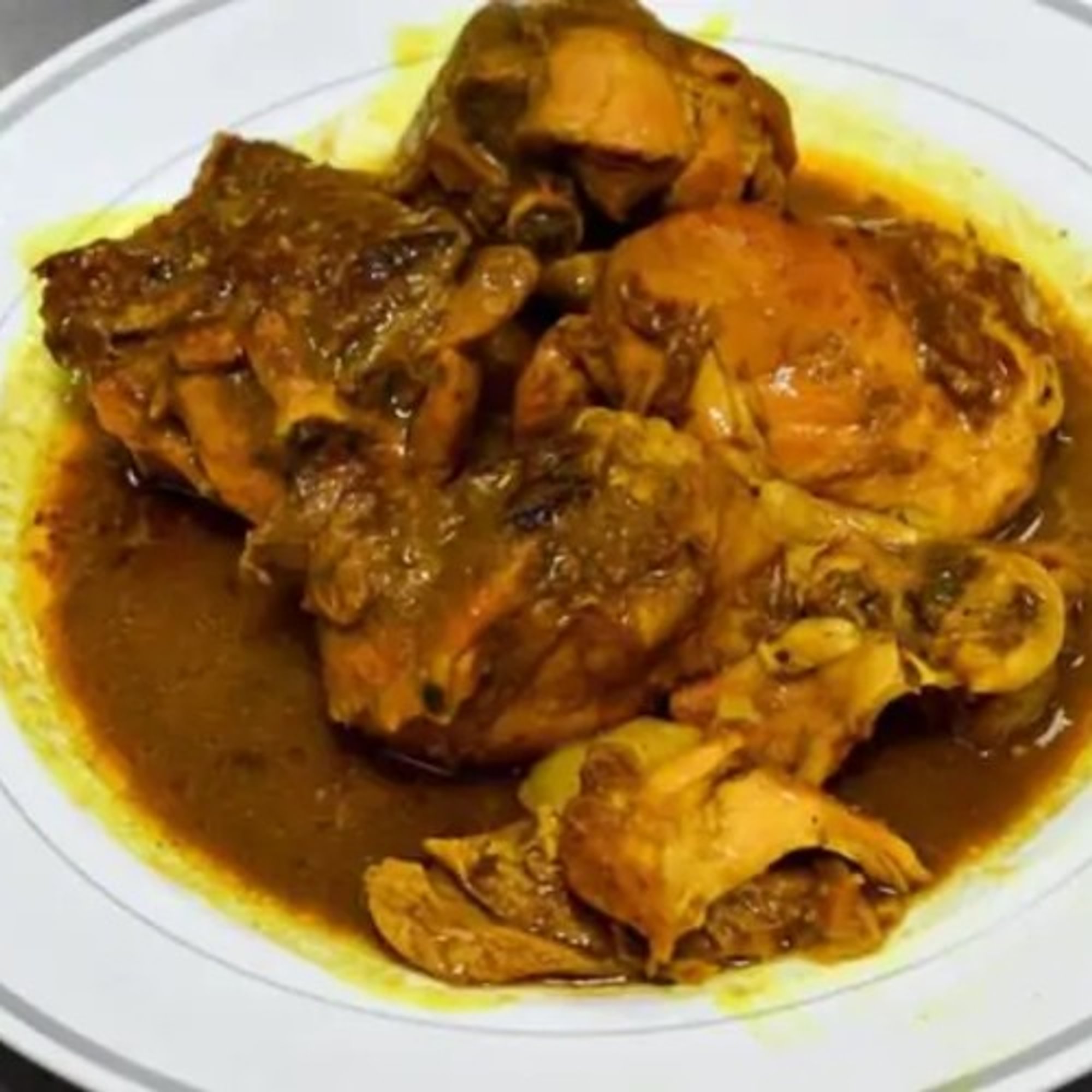 2- Curry Chicken with Jasmine Rice Cabbage and Plantains