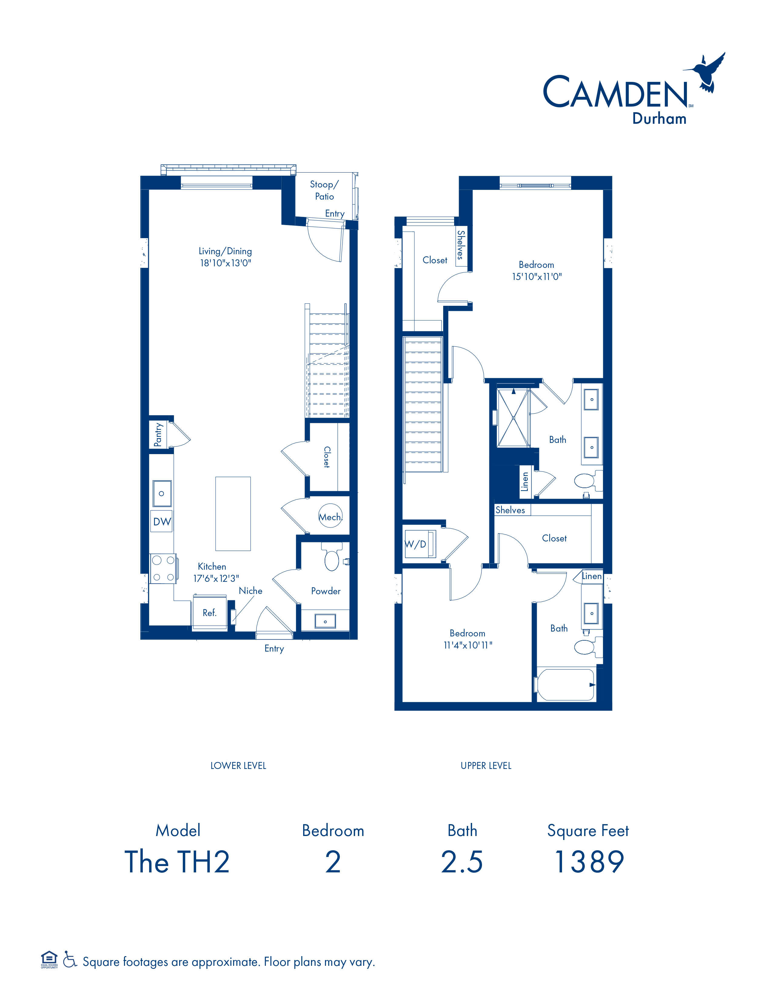 TH2 Floor Plan with 2 Bedrooms and 2 and a Half Bathrooms at Camden Durham in Durham, NC