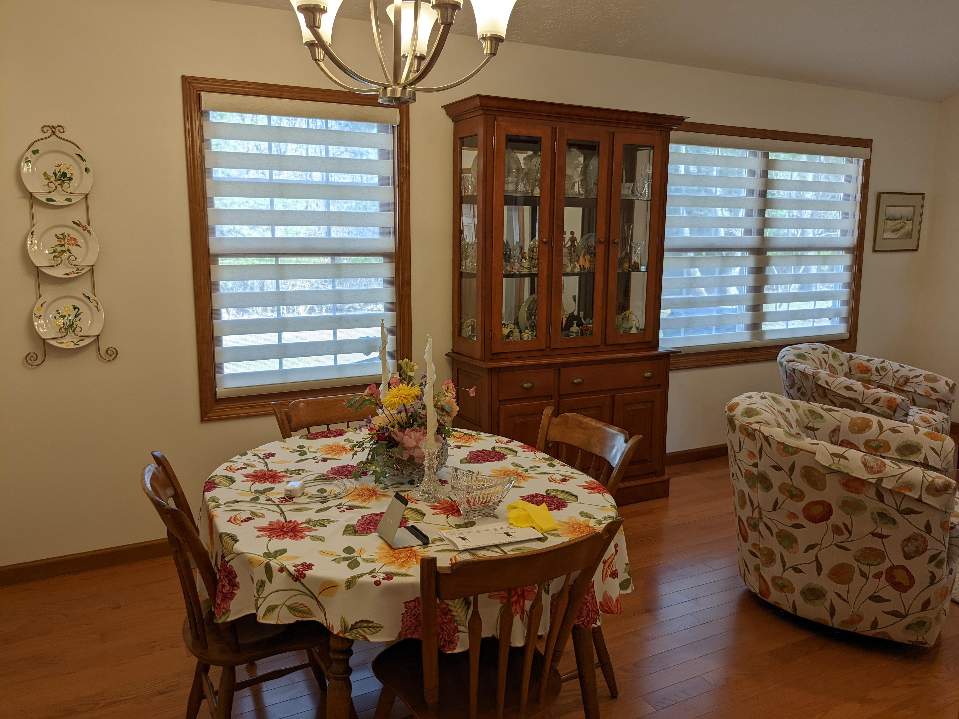 Cordless dual sheer (zebra) shades in Springfield Illinois living room.  BudgetBlinds  WindowCoverings  Shades