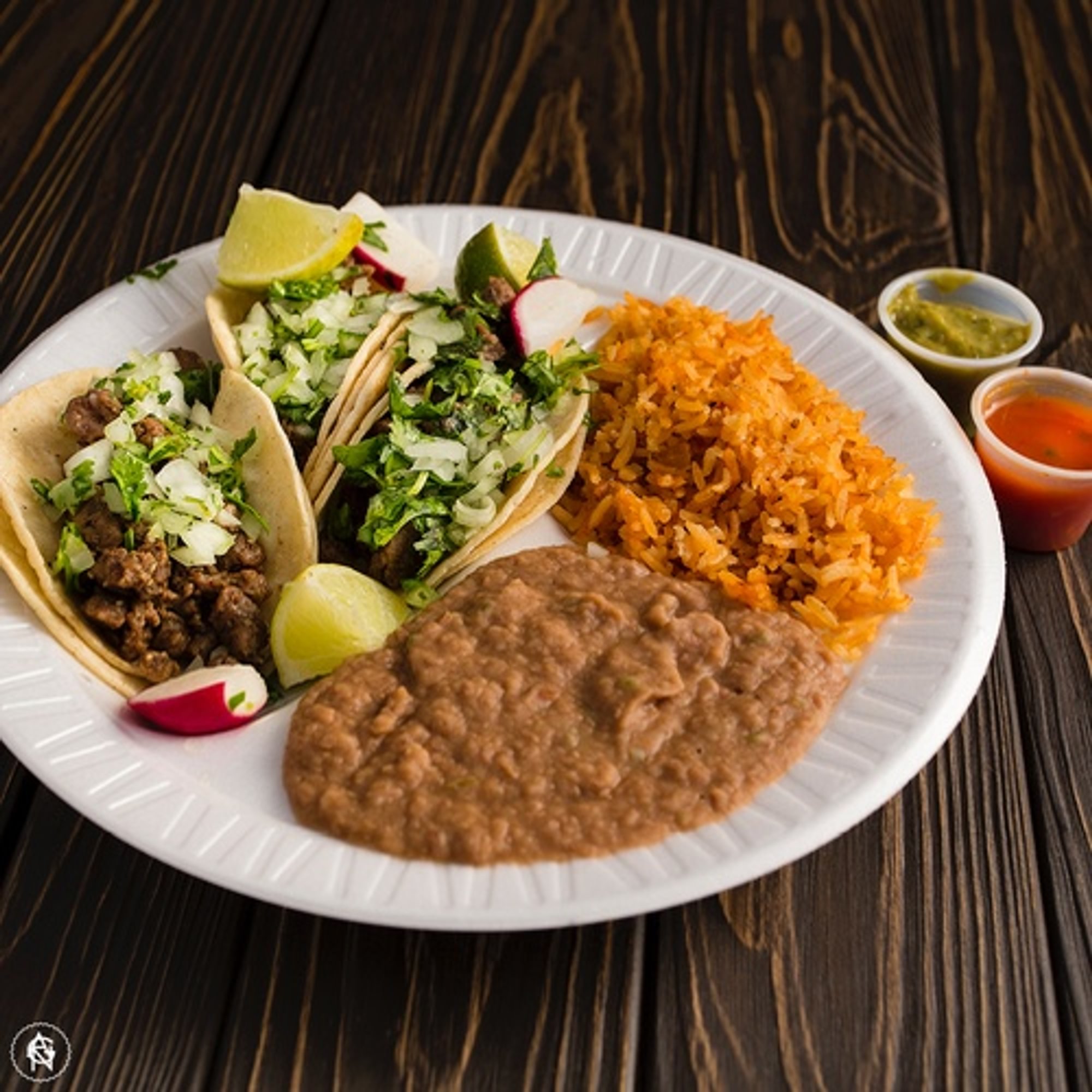 Tacos (3) Asada with Rice & Beans