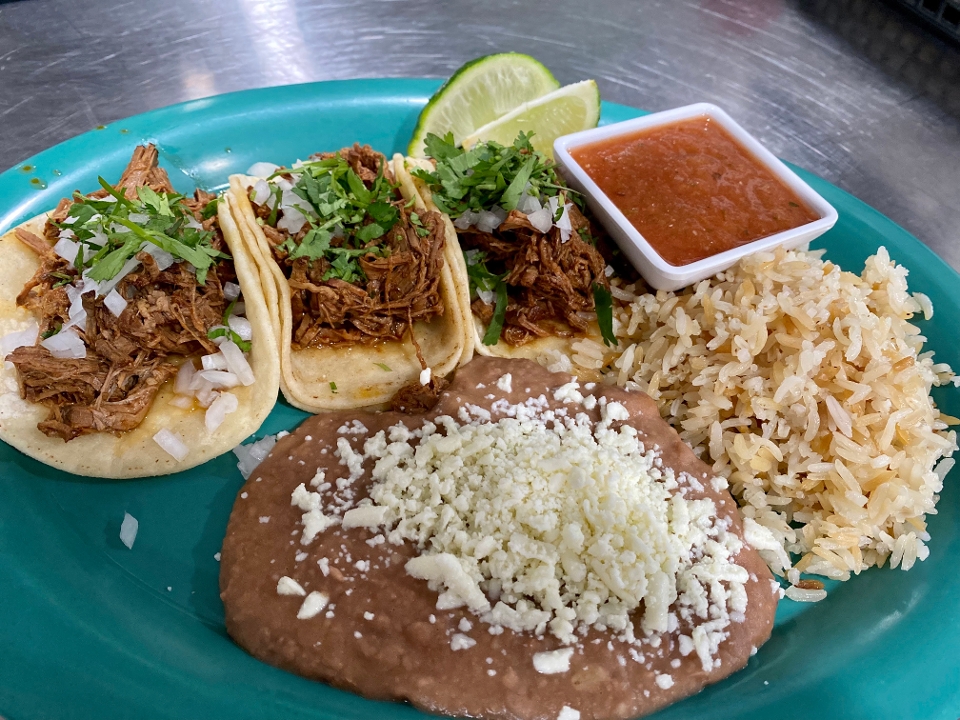 3 Street Tacos, Rice, Beans