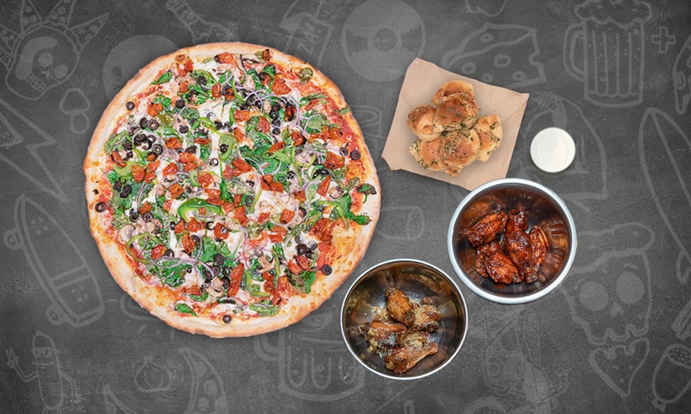 Family Pack #1, 1 Pie, 8 Wings OR A Salad + 6 Knots