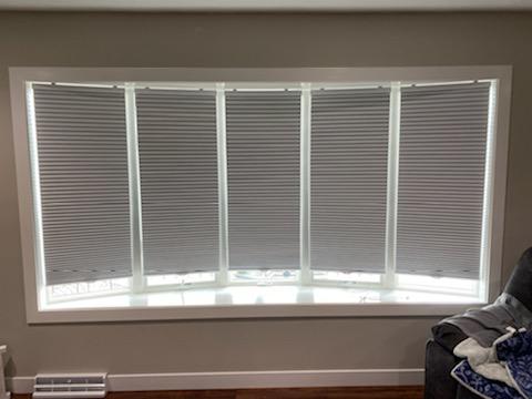 Curtain rods don't always fit in tight spots-like this bow window from Waterloo! Our Cellular Shades fit just fine, though! They look amazing, too!  BudgetBlindsCedarFallsWaterloo  CellularShades  WaterlooIA  FreeConsultation  WindowWednesday