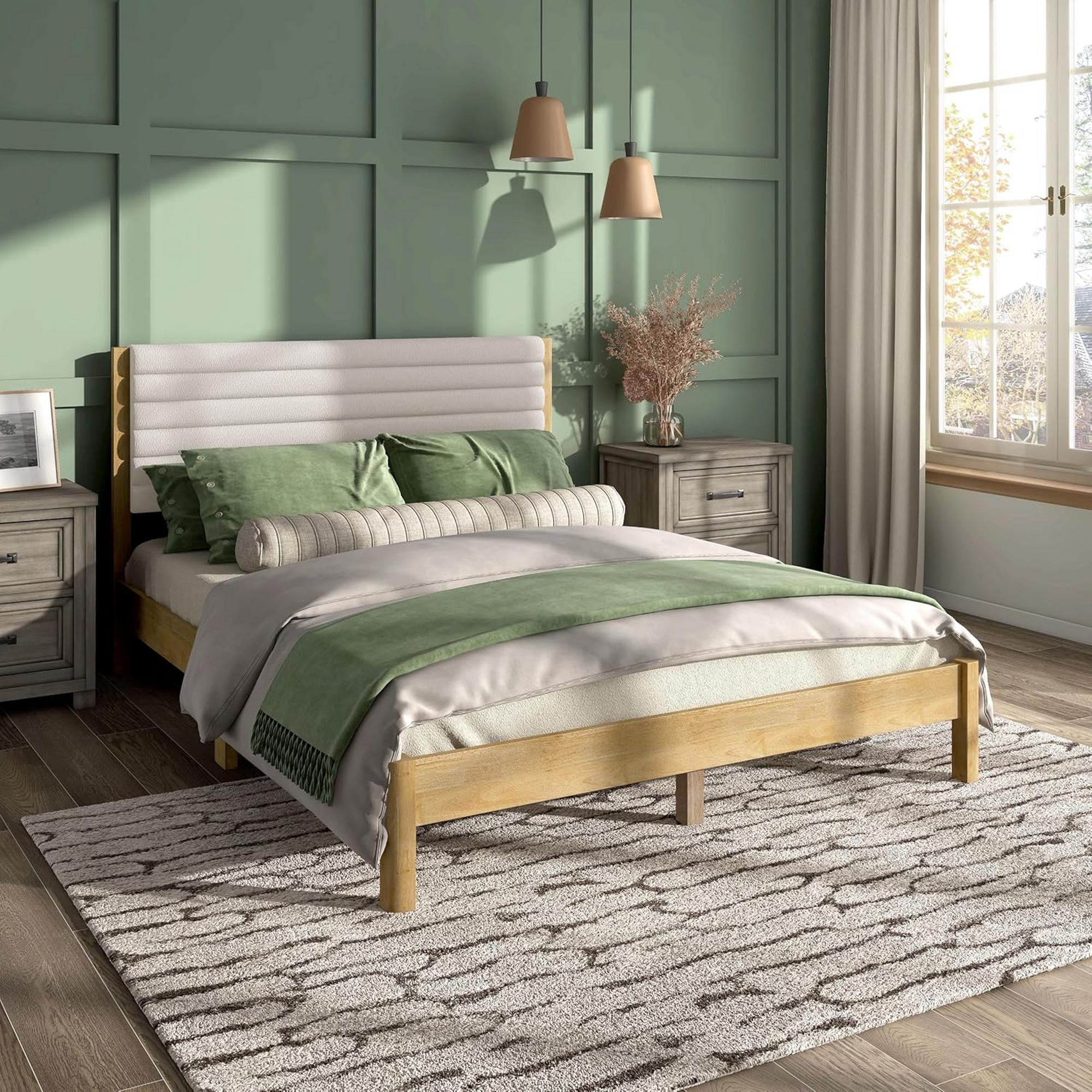 Queen Solara Channel Boucle Bed - Natural Wood