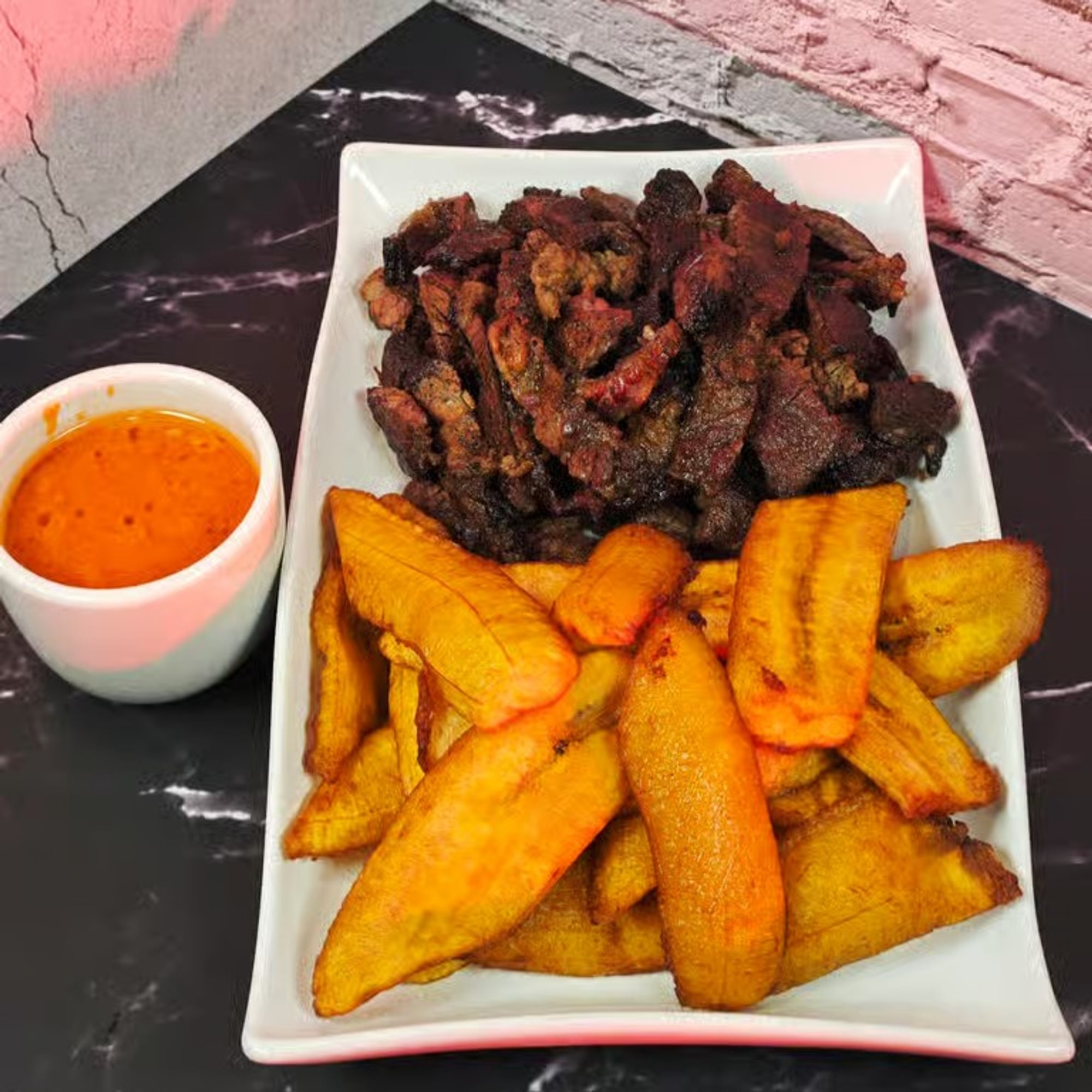 Suya with Fried Plantains or Jollof Rice